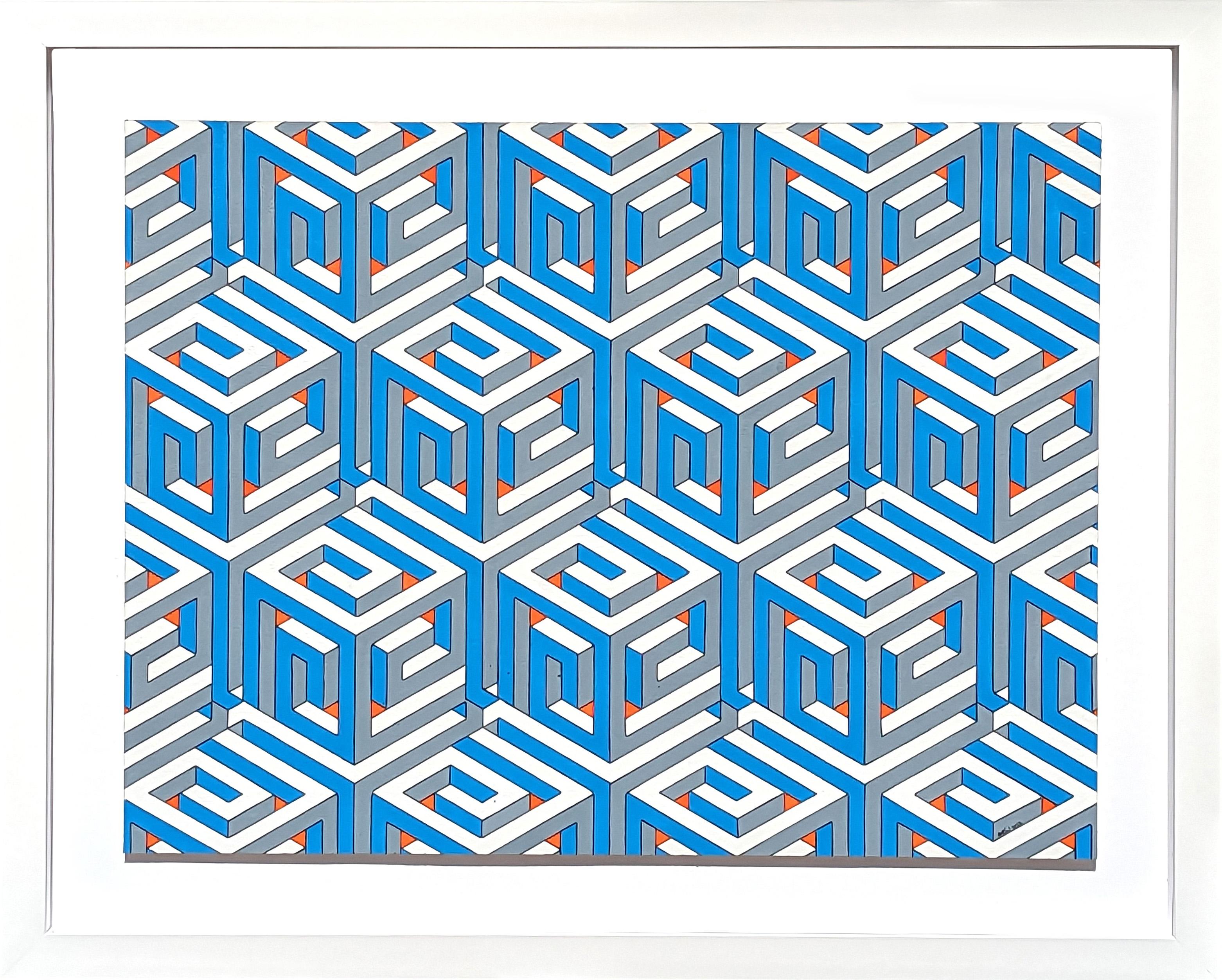 Austin Magruder Abstract Drawing – "Überlappende Spiralwürfel" Modern Grün & Aqua Handgezeichnet Mosaik Abstrakt