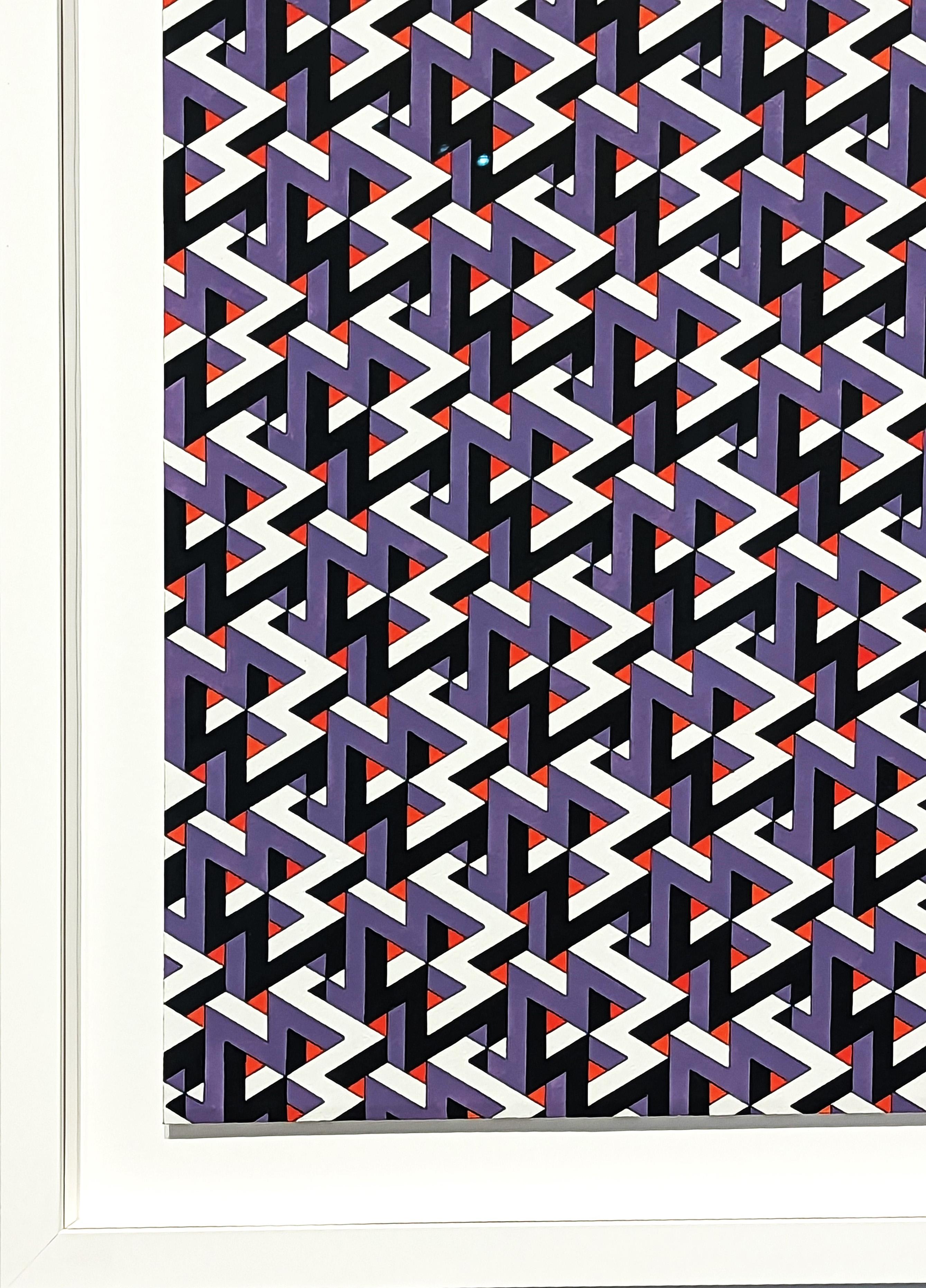 Contemporary Red, Purple, Black, and White Hand Drawn Tessellated Abstract im Angebot 2