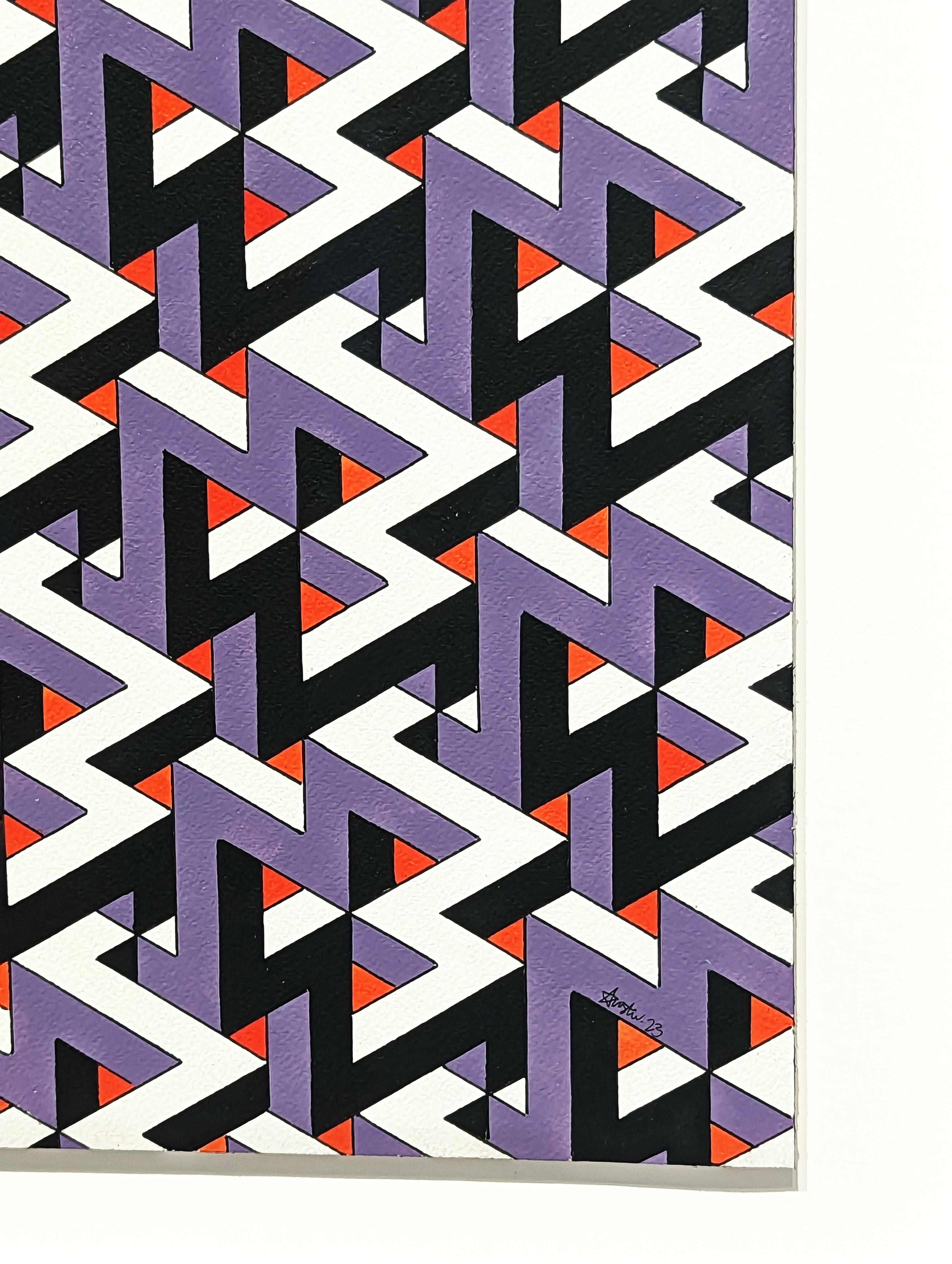 Contemporary Red, Purple, Black, and White Hand Drawn Tessellated Abstract For Sale 2