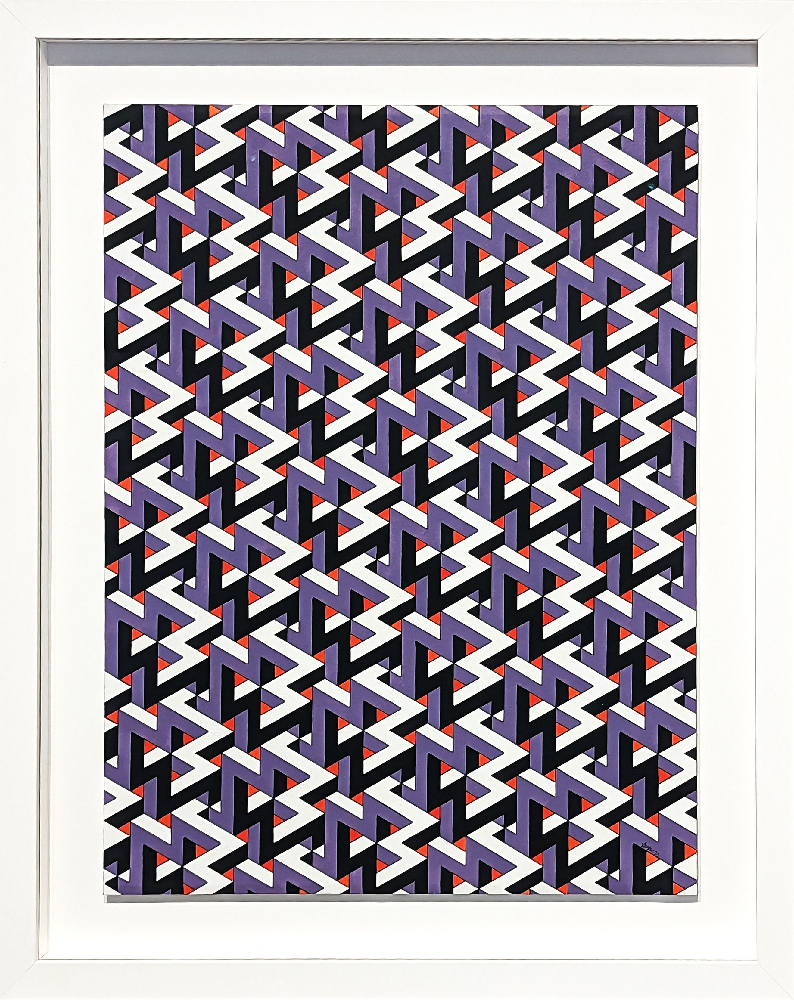 Austin Magruder Abstract Drawing - Contemporary Red, Purple, Black, and White Hand Drawn Tessellated Abstract