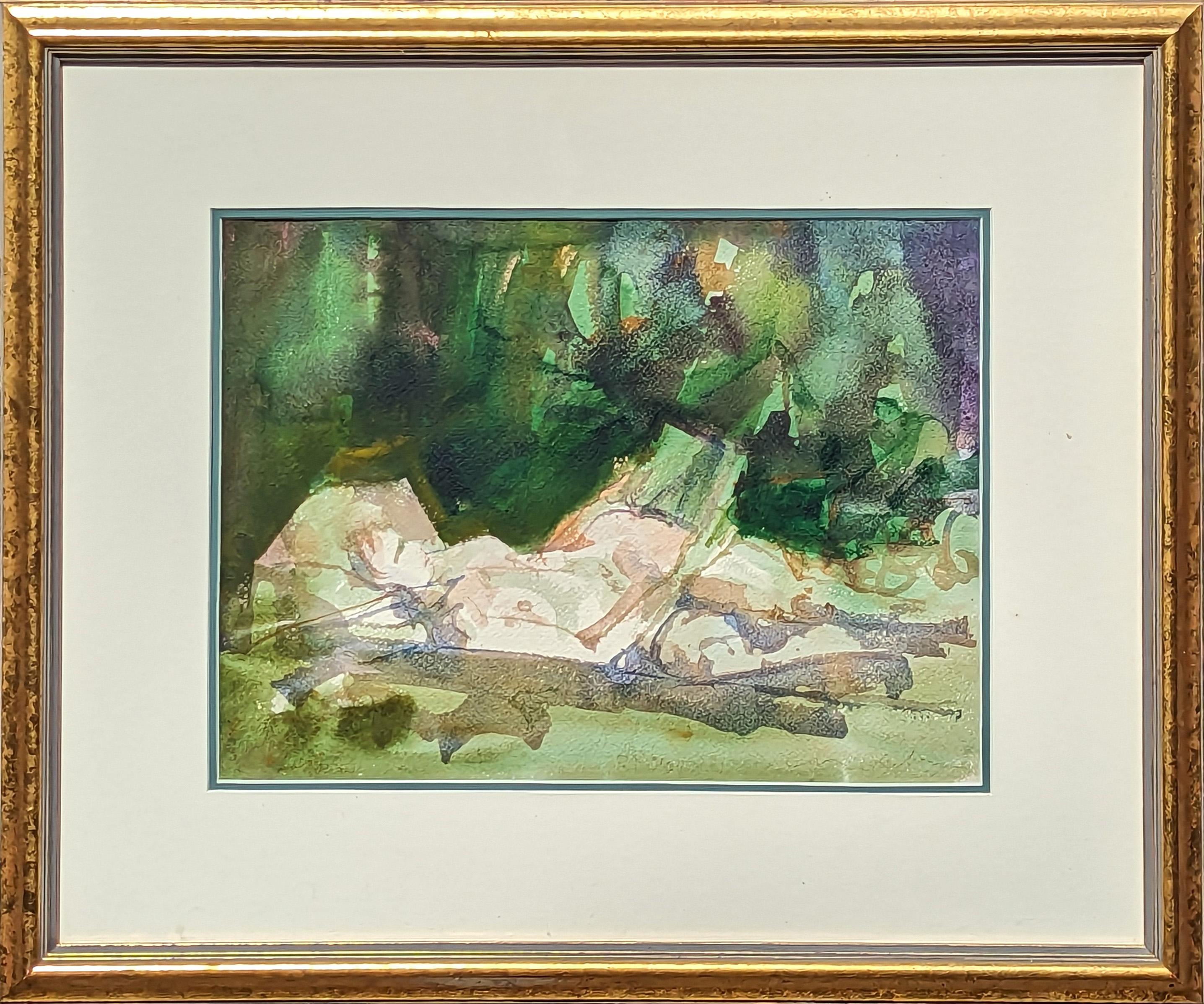Charles Schorre Abstract Drawing – Modernes abstraktes grünes Aquarellporträt einer liegenden nackten Frau, das liest