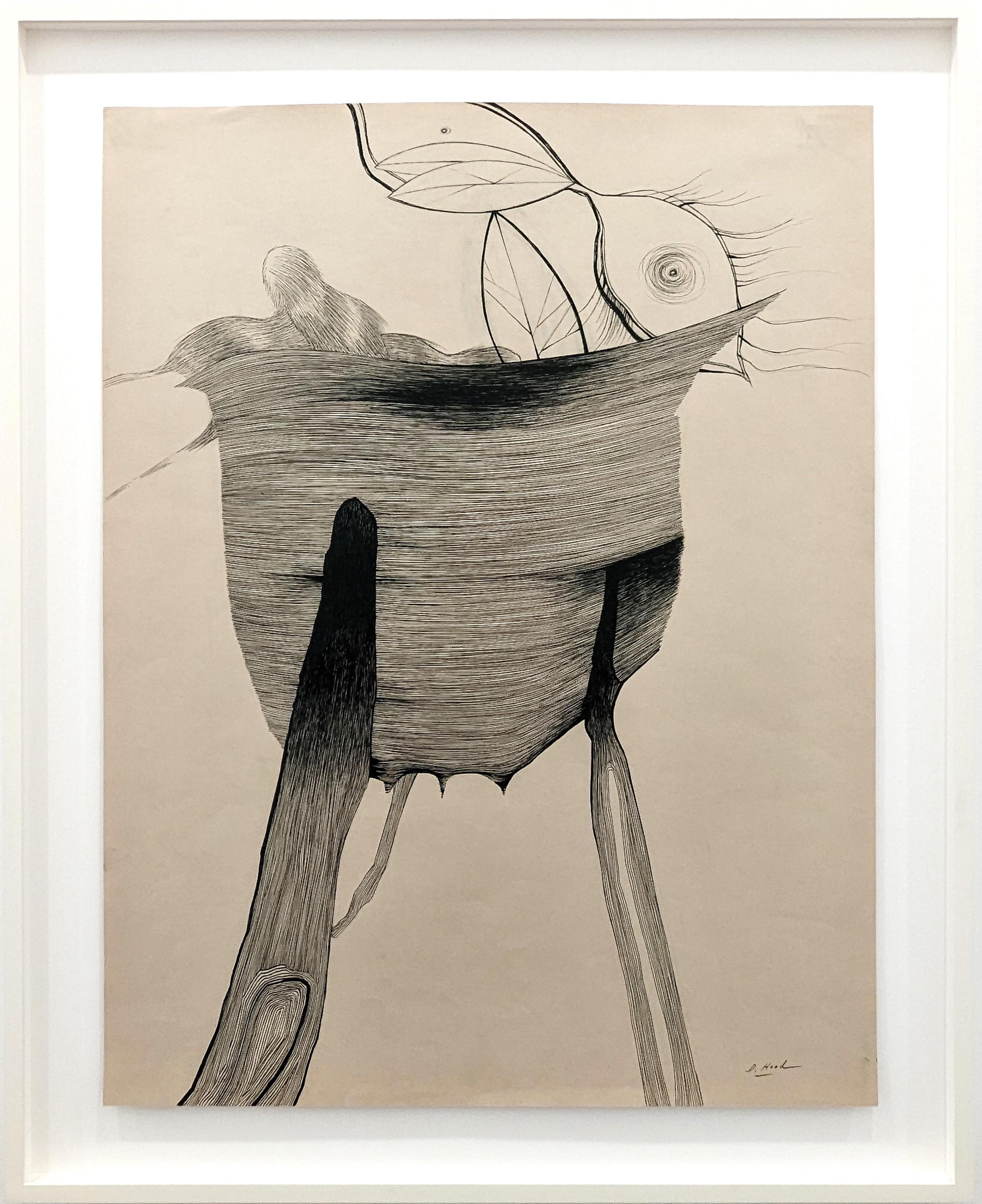 Dorothy Hood Abstract Drawing - Surrealistic Modern Abstract Black and White Organic Ink Drawing