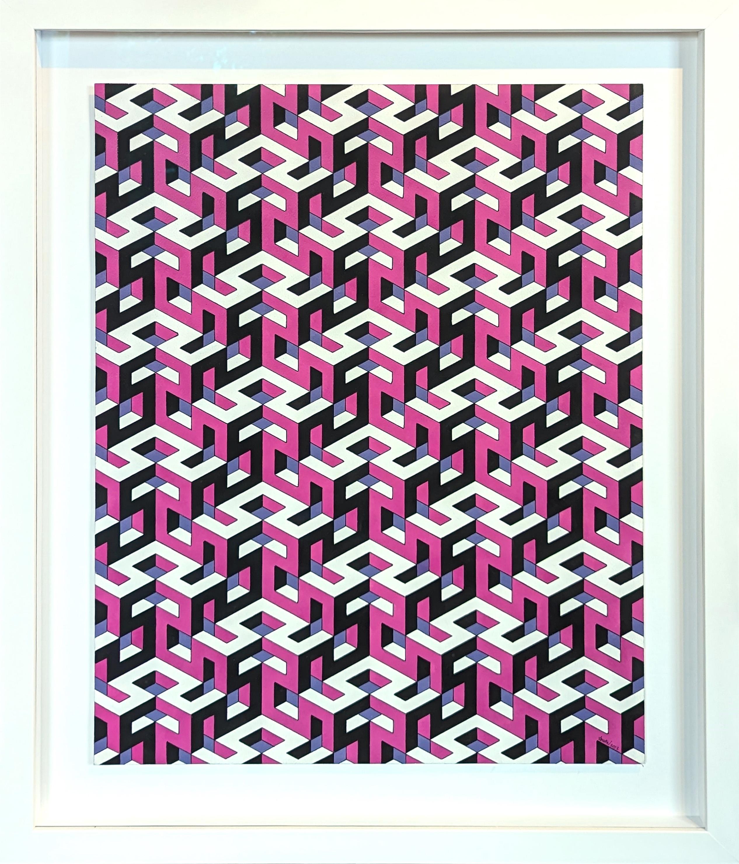 Austin Magruder Abstract Painting – Contemporary Pink, Purple, & Black Hand Drawn Tessellated Abstract (14 von 2023)