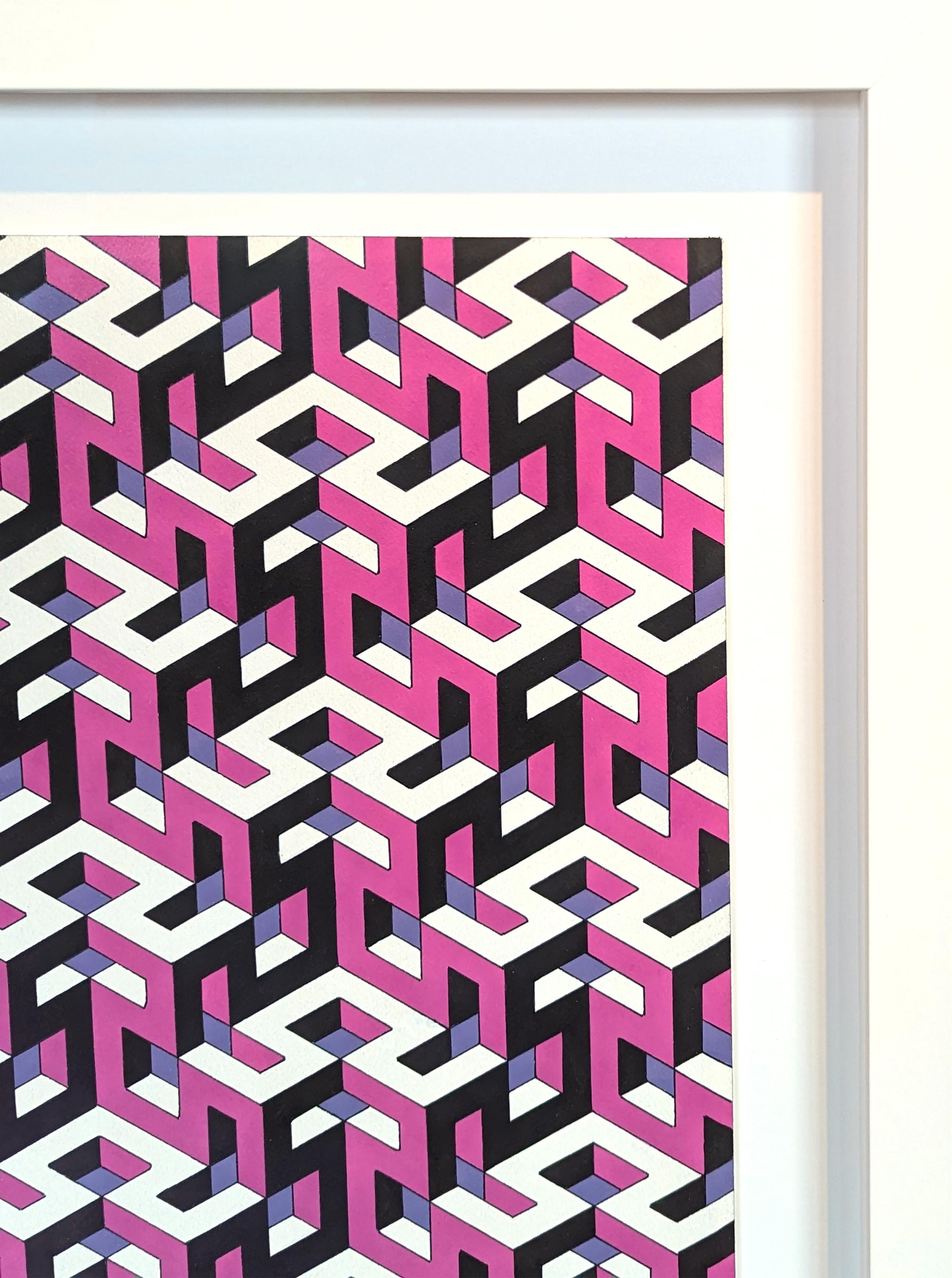 Hand drawn op art painting by contemporary artist Austin Magruder. The work features abstract, geometric tessellations that create a mesmerizing pattern. Signed and dated in the front lower right corner. Currently hung in a white floating frame.