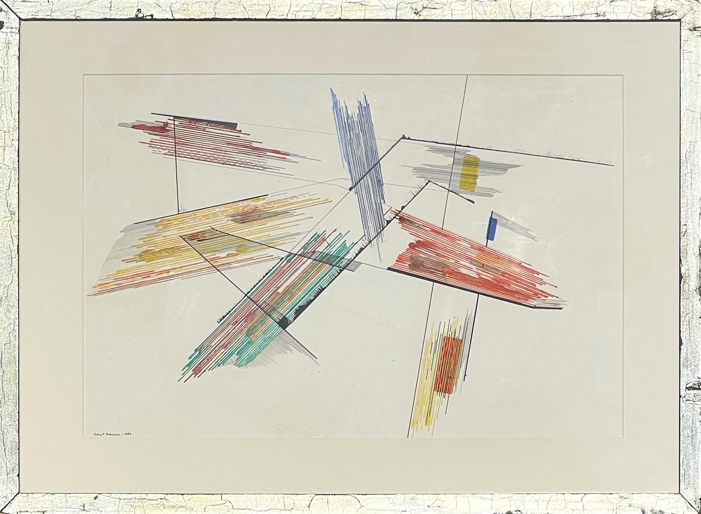 Robert Preusser Abstract Painting – Frühe moderne farbenfrohe rote, blaue, gelbe und grüne geometrische abstrakte Linienzeichnung
