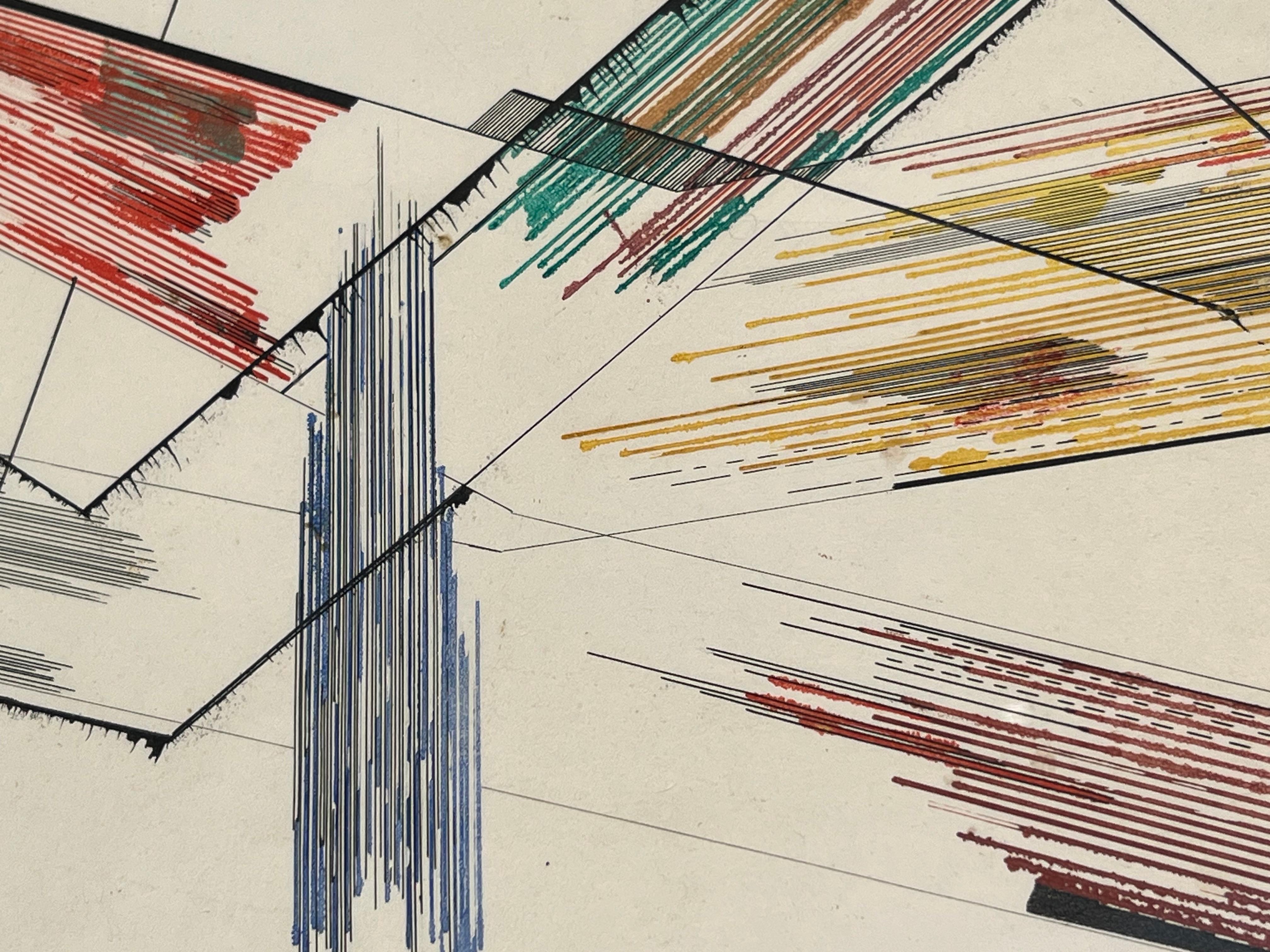 Frühe moderne farbenfrohe rote, blaue, gelbe und grüne geometrische abstrakte Linienzeichnung (Moderne), Painting, von Robert Preusser