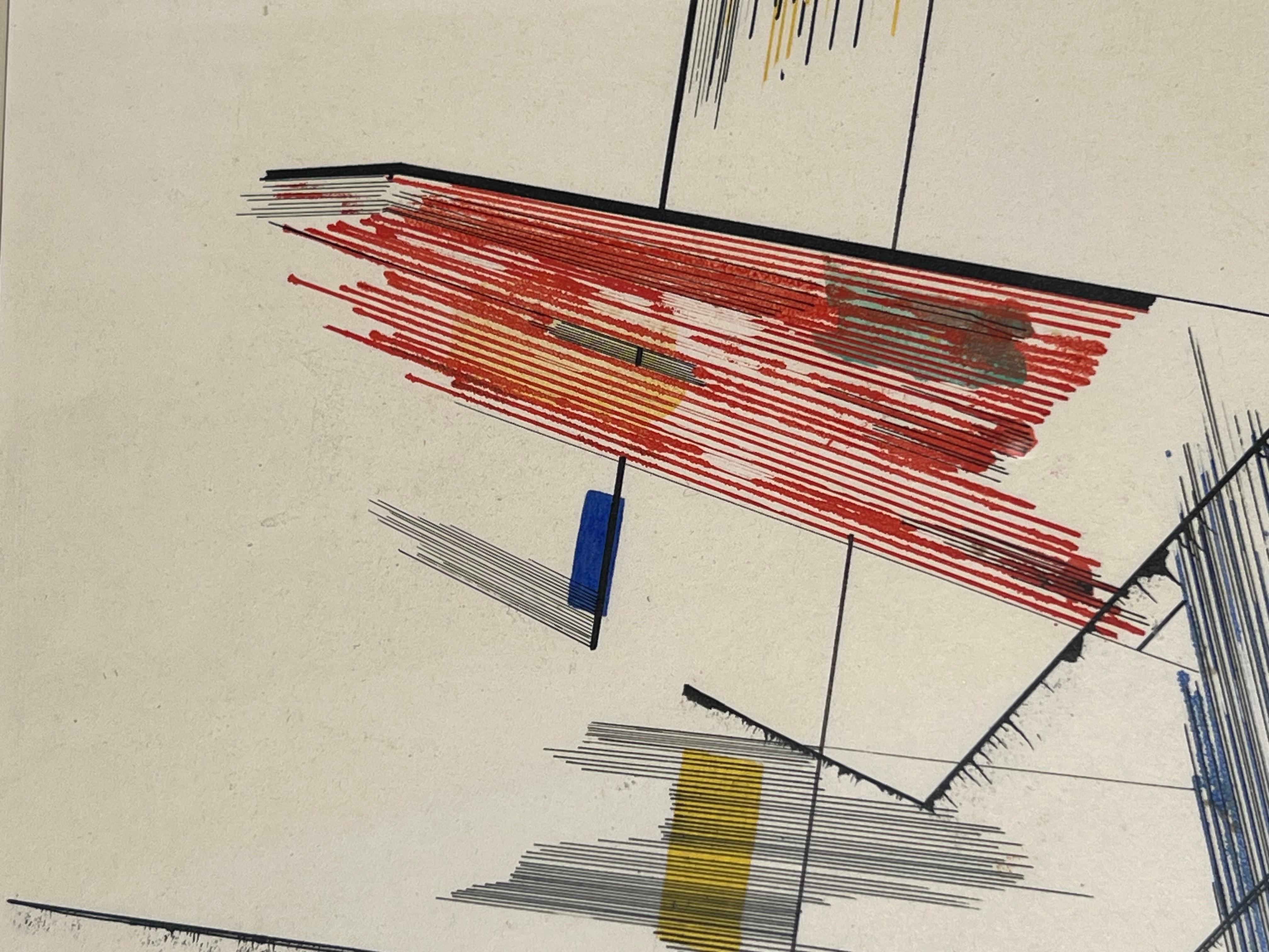 Abstrakte geometrische Zeichnung des frühen Houston. TX-Künstler Robert Preusser.  Das Werk weist Ausbrüche von Linien und Farben auf, die in der gesamten Komposition für Bewegung sorgen. Signiert und datiert in der linken unteren Ecke der