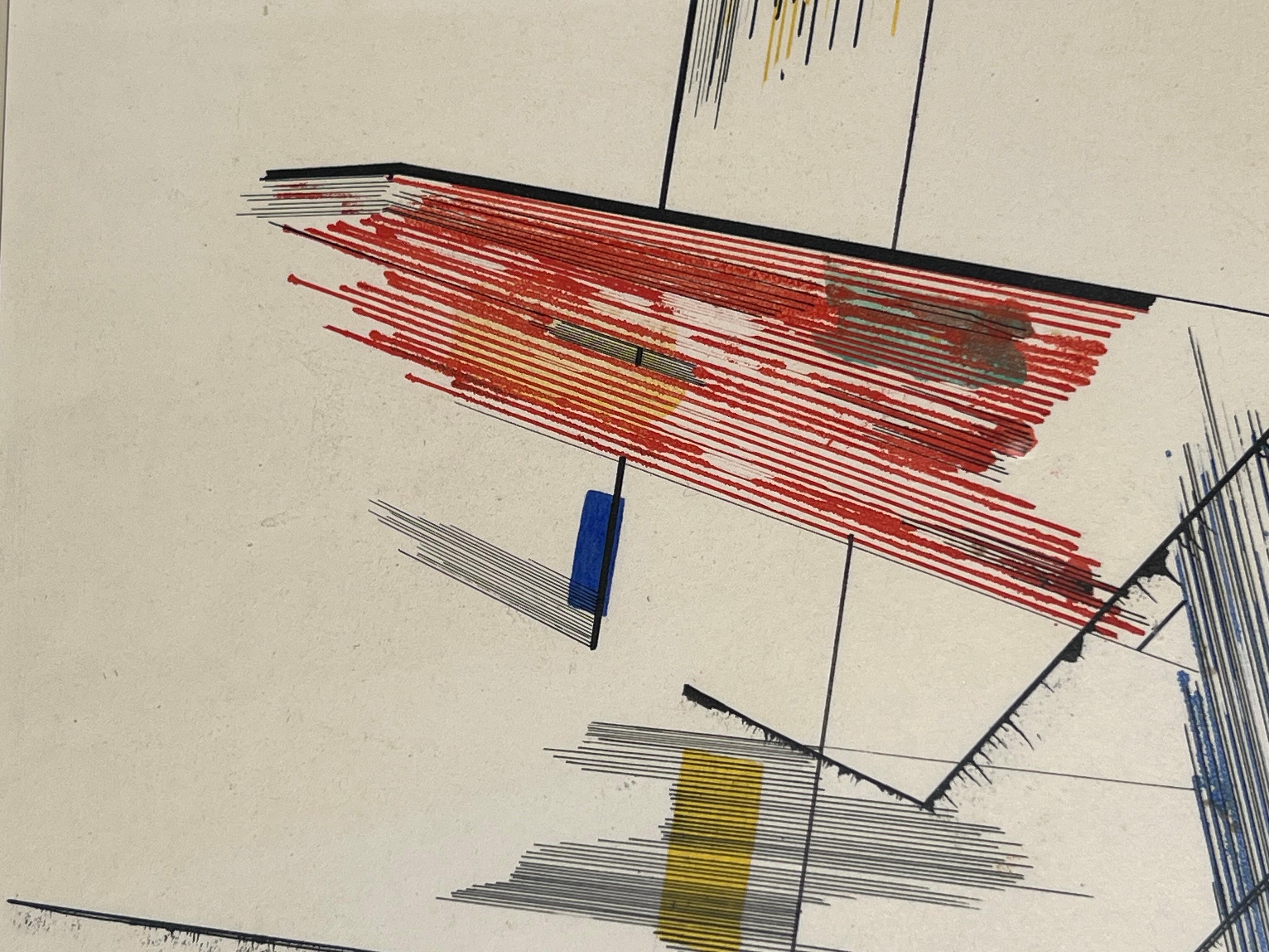 Abstract geometric drawing by early Houston. TX artist Robert Preusser.  The work features bursts of lines and colors that create movement throughout the composition. Signed and dated in the front lower left corner. Currently hung in a silver leaf