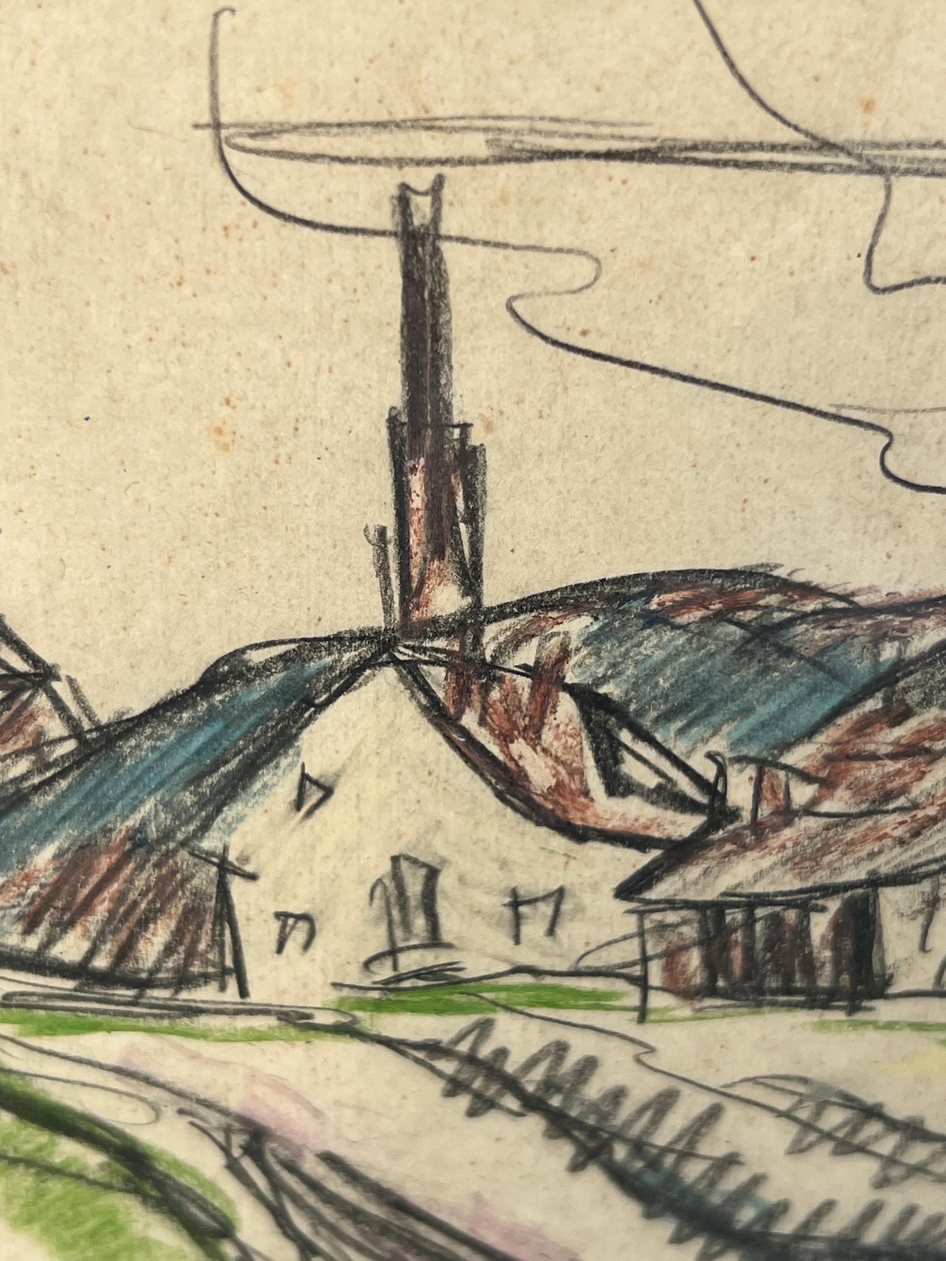 Frühmoderne Landschaftszeichnung des deutschen Künstlers Hermann Max Pechstein. Das Werk zeigt eine gestische Darstellung eines gewundenen Weges, der in ein kleines Dorf führt. Signiert mit einem Monogramm in der rechten unteren Ecke der