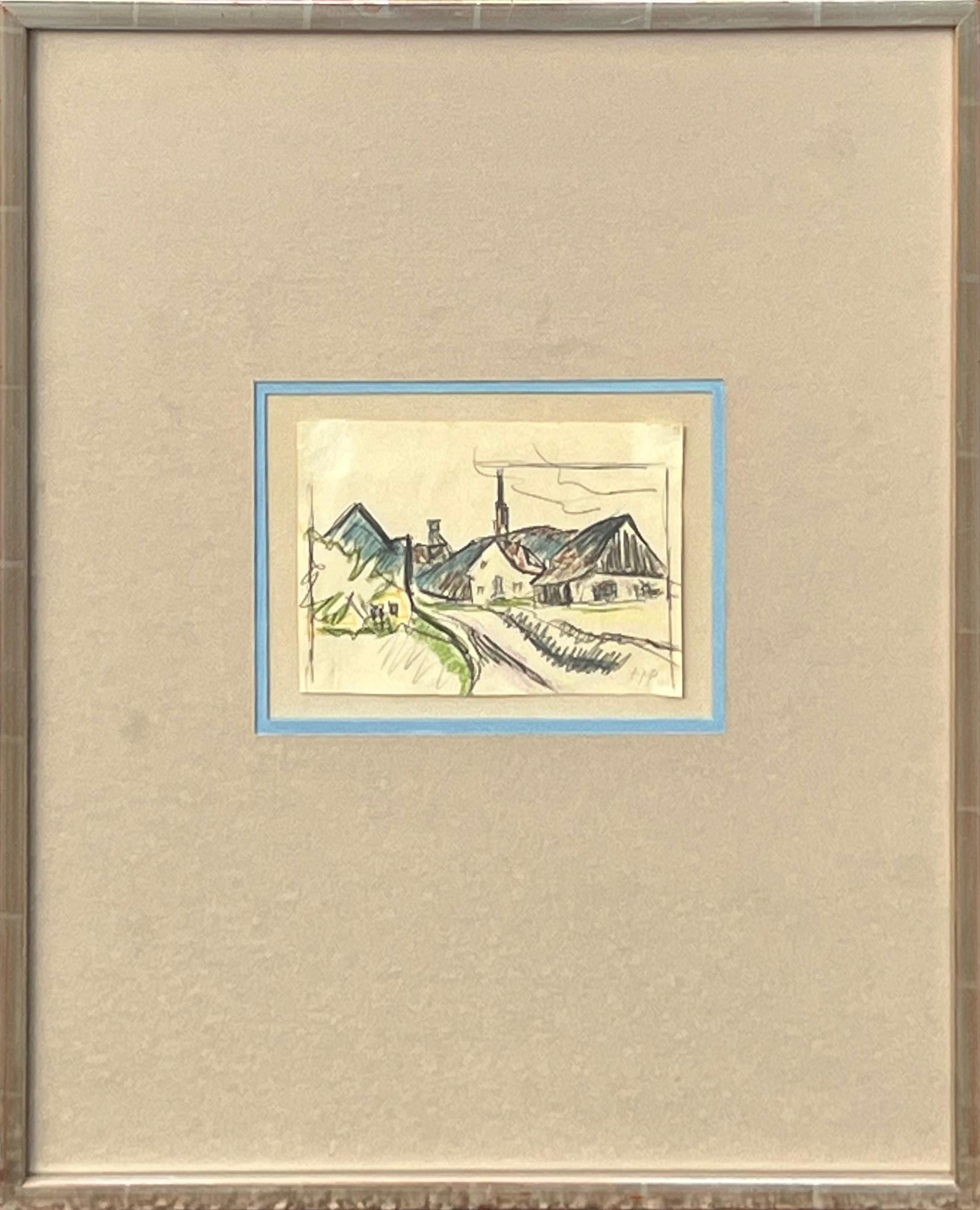 "View of Village" Early Modern Gestural Abstract Landscape Drawing of Houses 