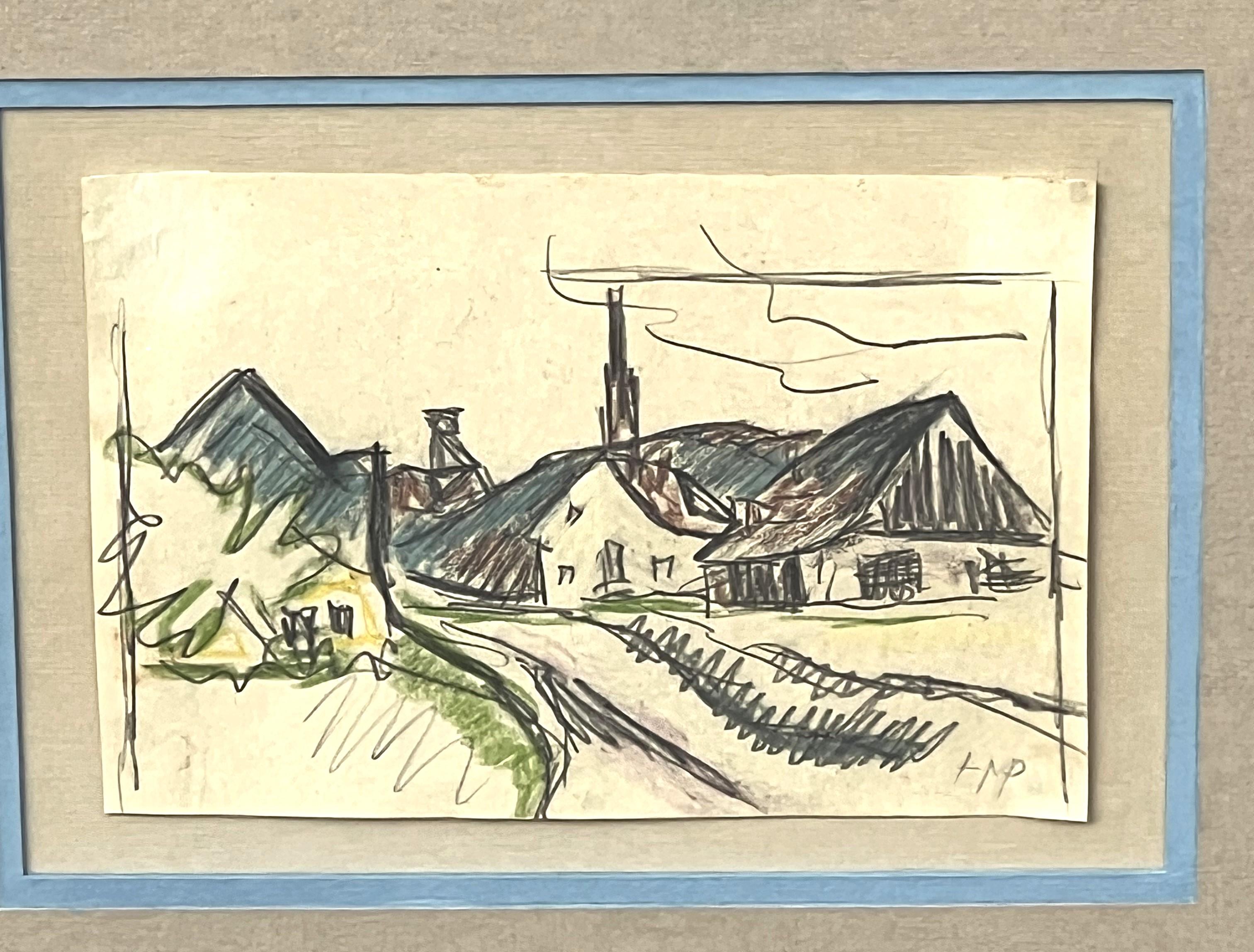 Early modern landscape drawing by German artist Hermann Max Pechstein. The work features a gestural depiction of a winding path leading into a small village. Signed with a monogram in the front lower right corner. Currently hung in a silver gilt