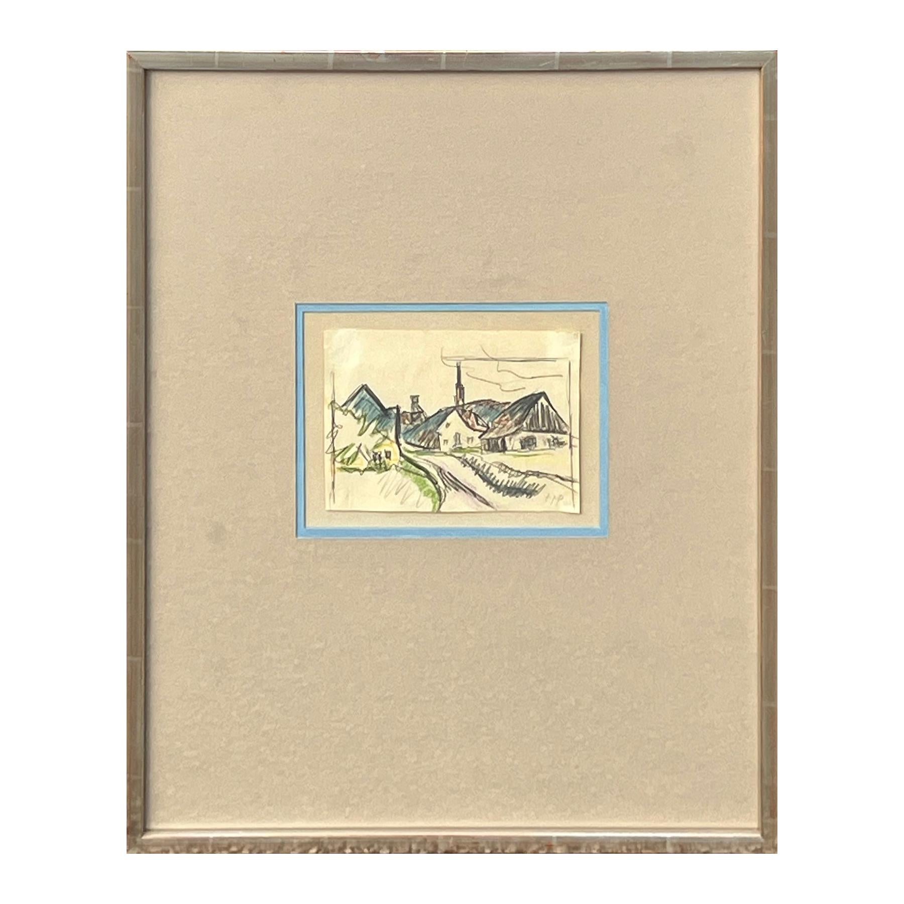 « View of Village », dessin de paysage abstrait gestuel et ancien moderne représentant des maisons  - Art de Herman Max Pechstein
