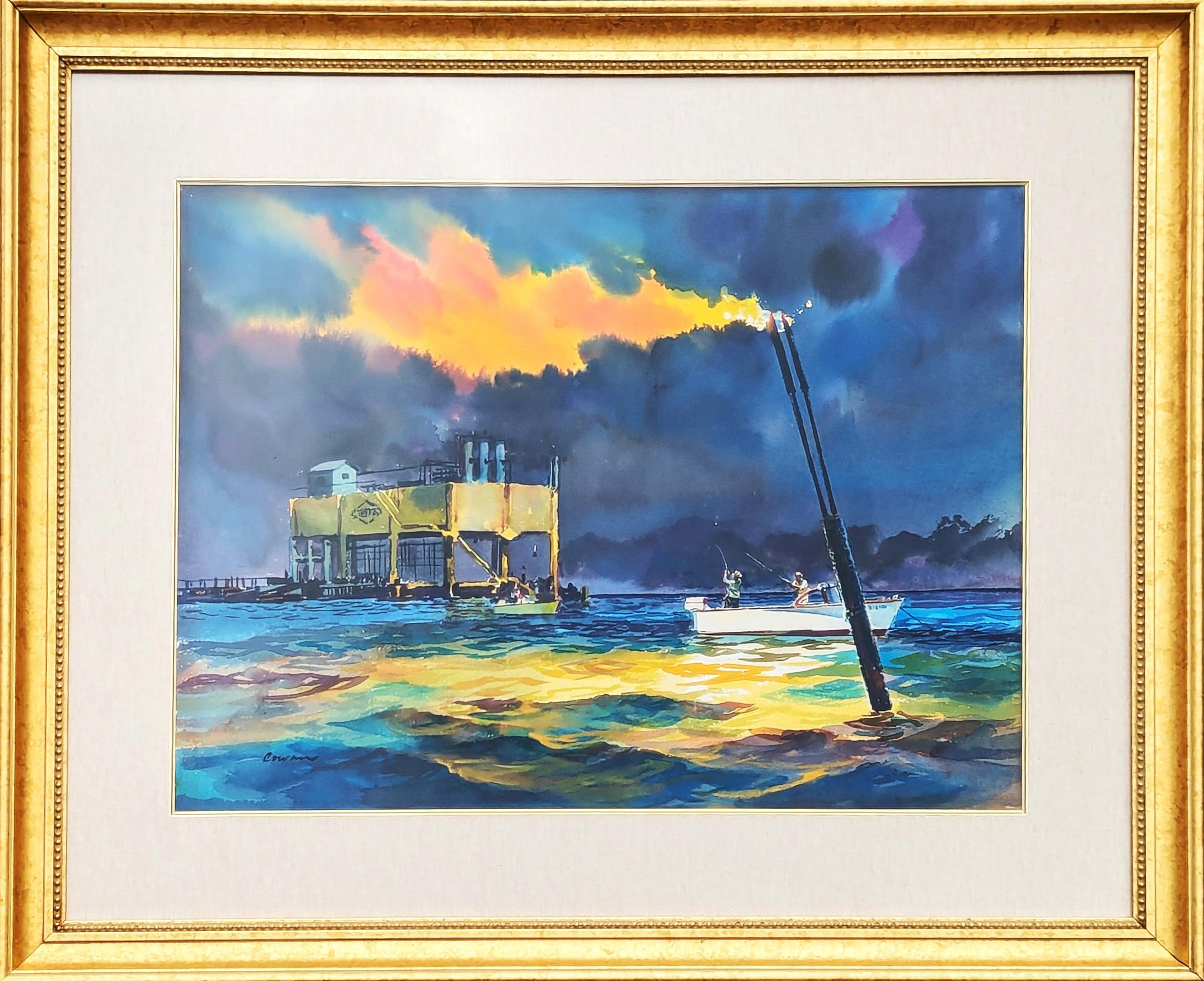 « Trinity Flares », peinture d'un paysage de pêche moderne aux tons bleus