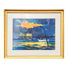 "Trinity Flares" Pittura acquerellata moderna di paesaggi di pesca in tonalità blu