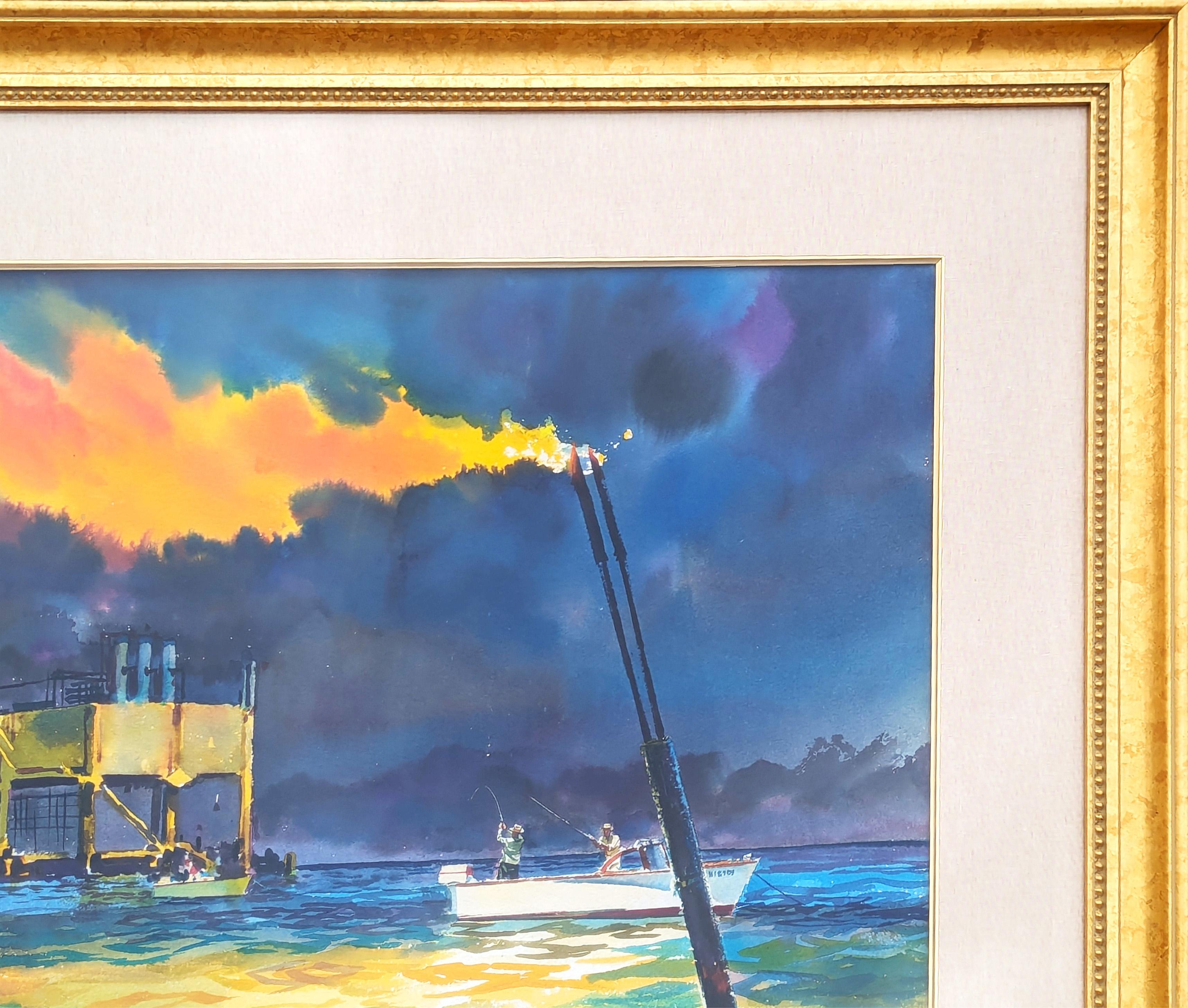 Modern watercolor seascape painting by renowned sporting artists John P. Cowan. The work was originally created by Cowan to be used by Schlumberger as part of their fishing schedule calendar. Signed in the front lower left corner. Currently hung in