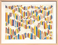 "Las colinas" Pintura abstracta en acuarela de un paisaje con motivos orgánicos de colores