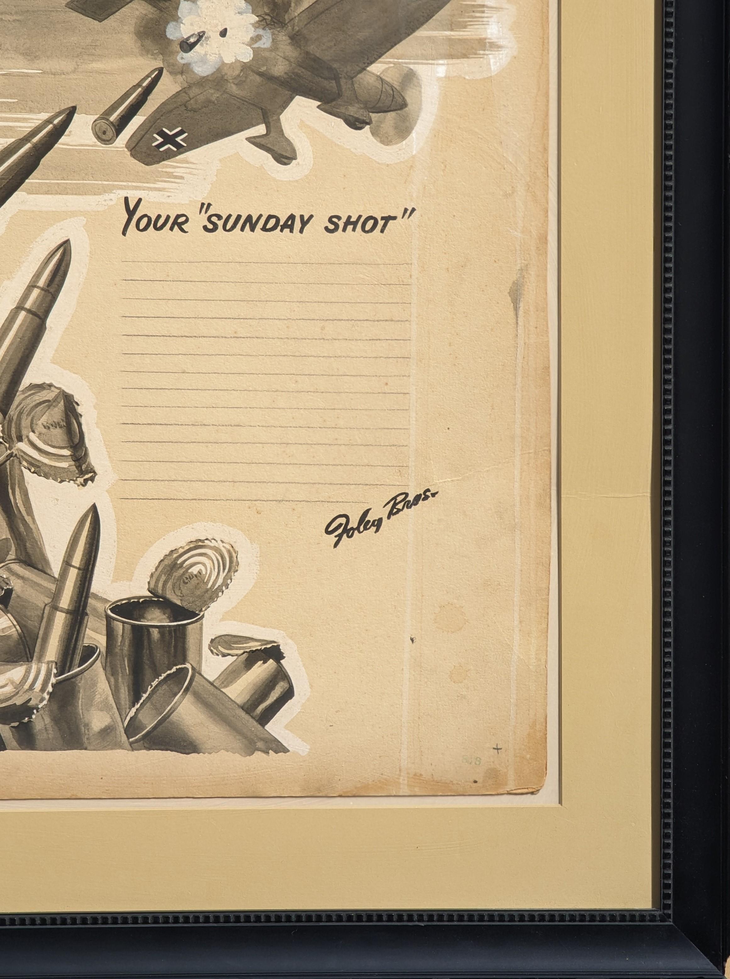 Early modern original watercolor and gouache ad layout for Foley's by Houston portraitist Robert C. Joy. The work features a German military aircraft flying over a pile of tin cans that are turning into bullets. There are lines left to the right