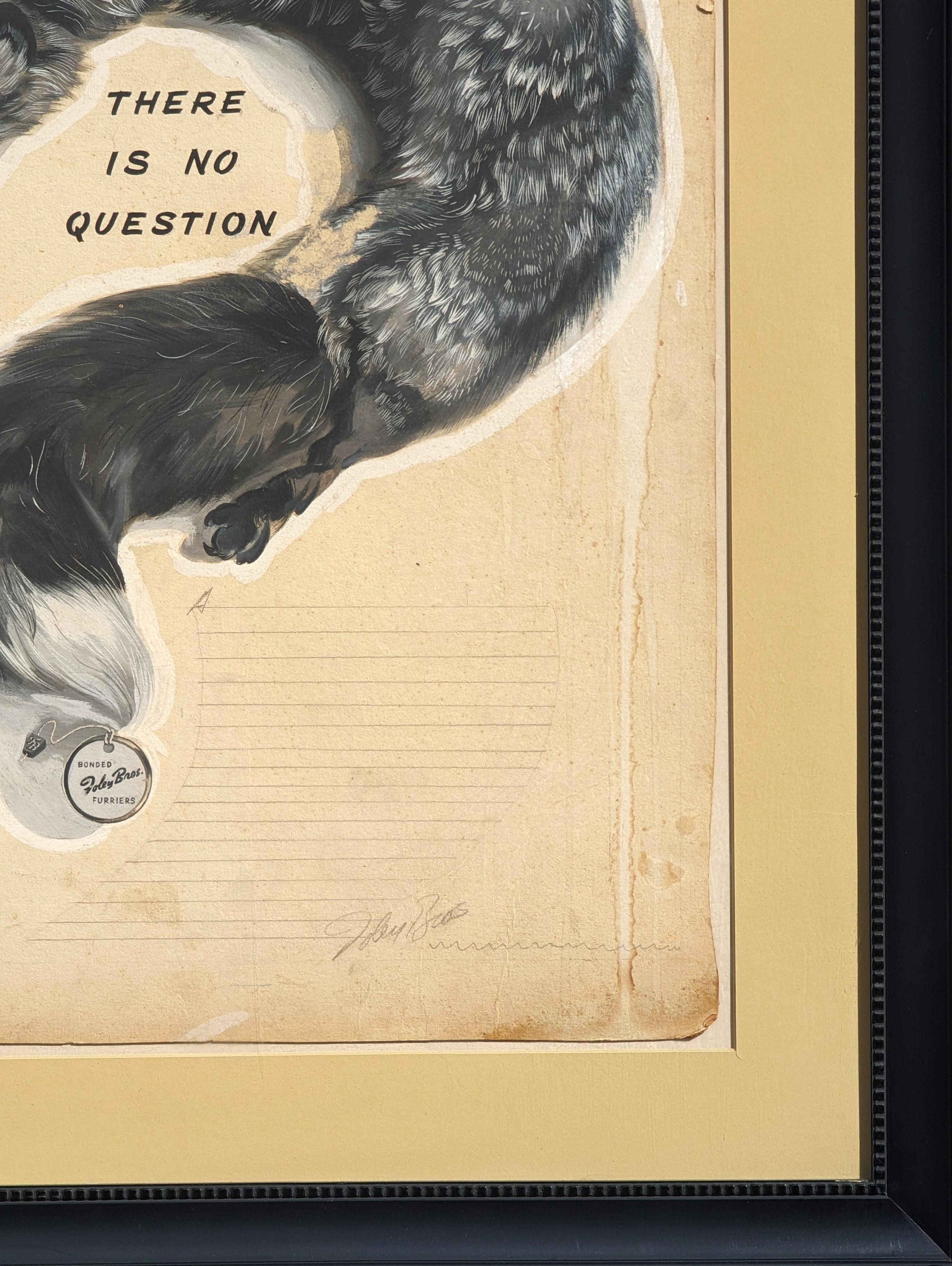 Diseño original moderno de acuarela y gouache para Foley's realizado por el retratista de Houston Robert C. Joy. La obra presenta una estola de visón dispuesta en forma de signo de interrogación. Hay líneas a la derecha donde se podría añadir texto