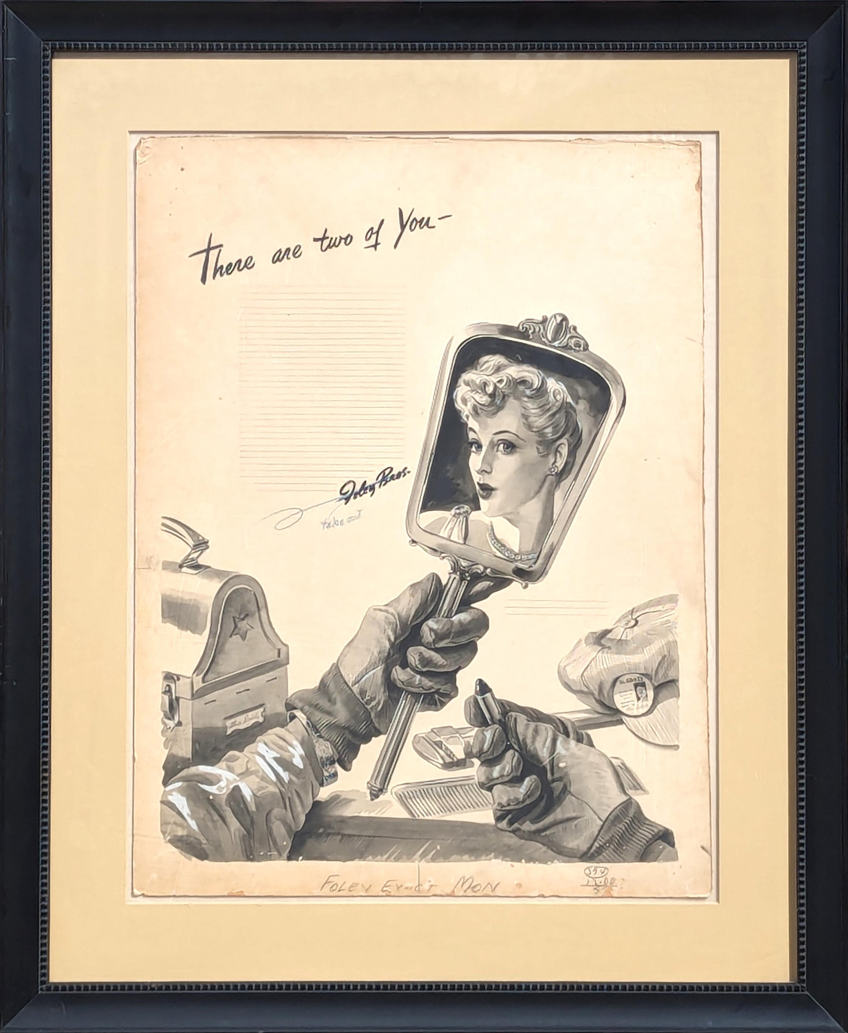 "There are Two of You" Frühmoderne Original Foley's Ad Layout von Frau und Spiegel