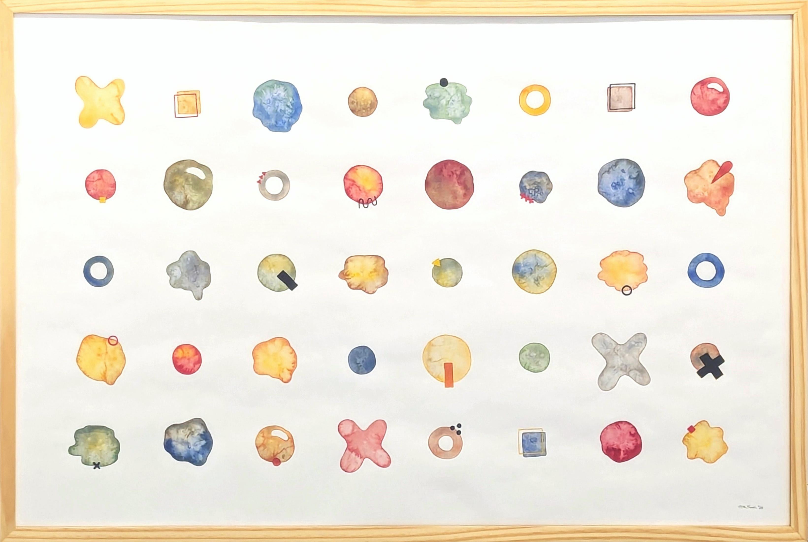 Abstract Painting Tina Ruyi - "Little Blobs" Peinture contemporaine colorée à l'aquarelle géométrique Dot Grid