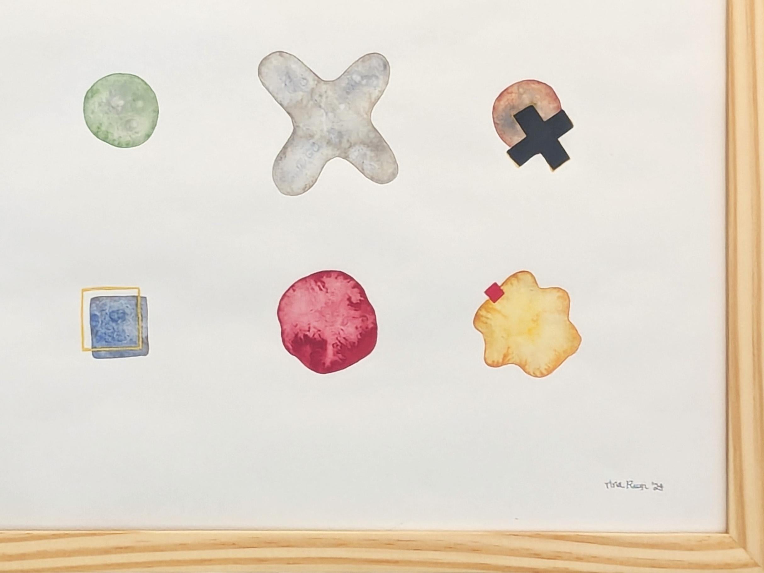 Peinture géométrique abstraite colorée en grille de l'artiste contemporaine texane Tina Ruyi. L'œuvre présente une grille 8x5 de formes colorées dans des tons froids. Signé et daté dans le coin inférieur droit du recto. Actuellement accroché dans un