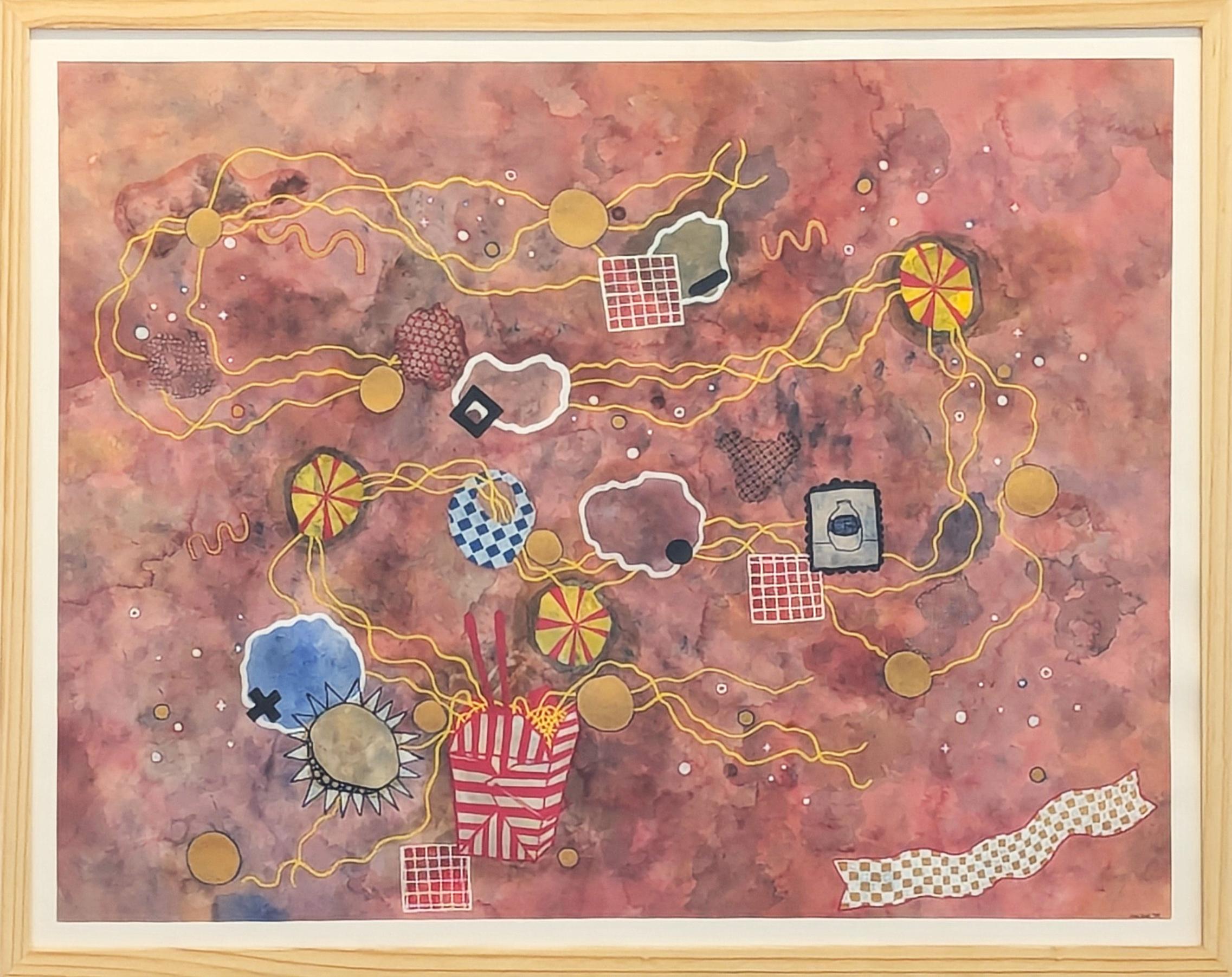 Tina Ruyi Abstract Drawing – Zeitgenössische farbenfrohe kastanienbraune getönte Aquarell abstrakte Nudel Malerei