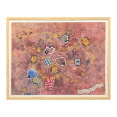 Pintura abstracta contemporánea de fideos en acuarela de color granate