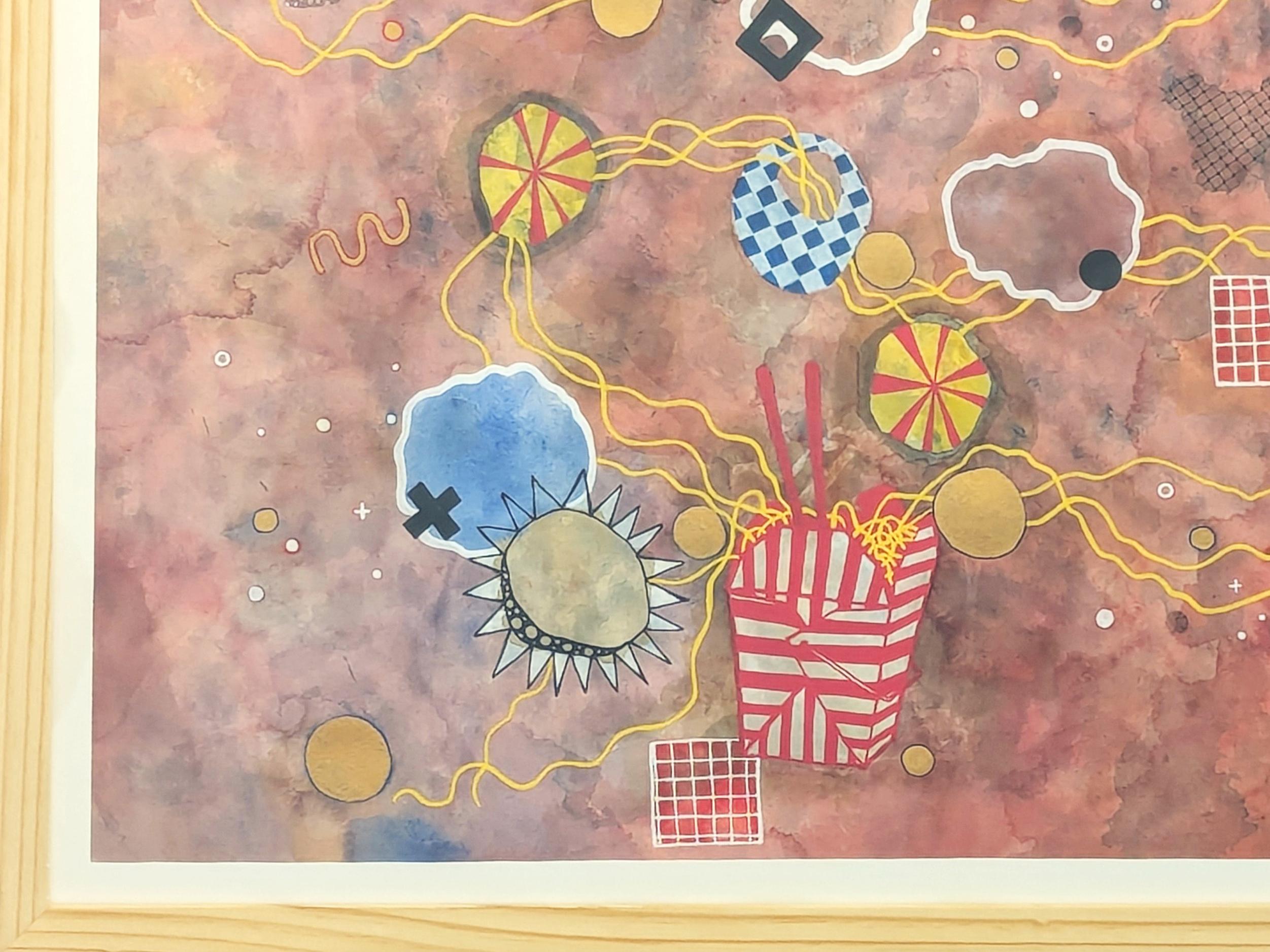 Zeitgenössische farbenfrohe kastanienbraune getönte Aquarell abstrakte Nudel Malerei im Angebot 2