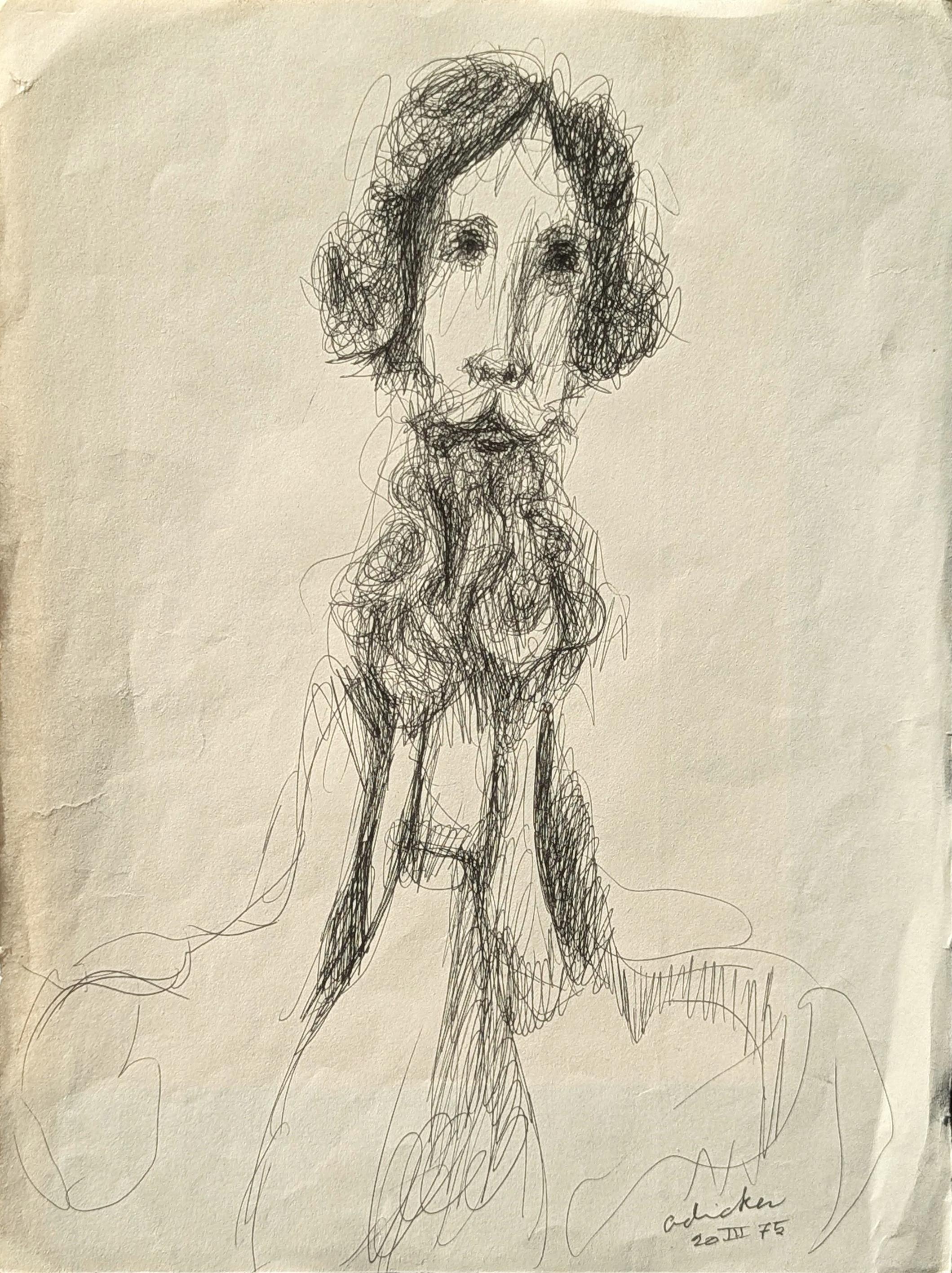 Early Modern Black and White Figurative Pen Drawing Study of a Bearded Gentleman