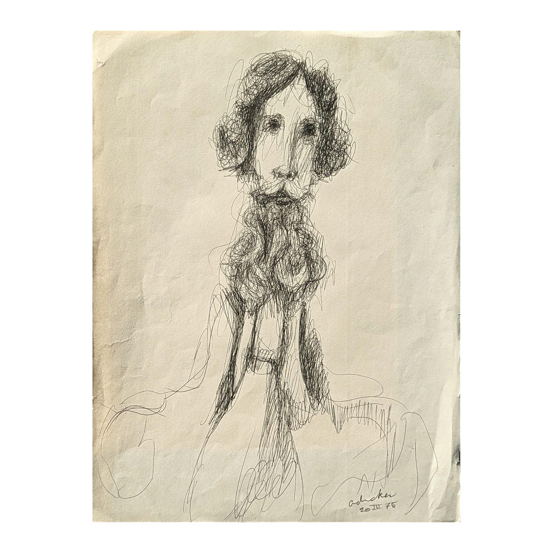 Early Modern Black and White Figurative Pen Drawing Study of a Bearded Gentleman - Art by David Adickes