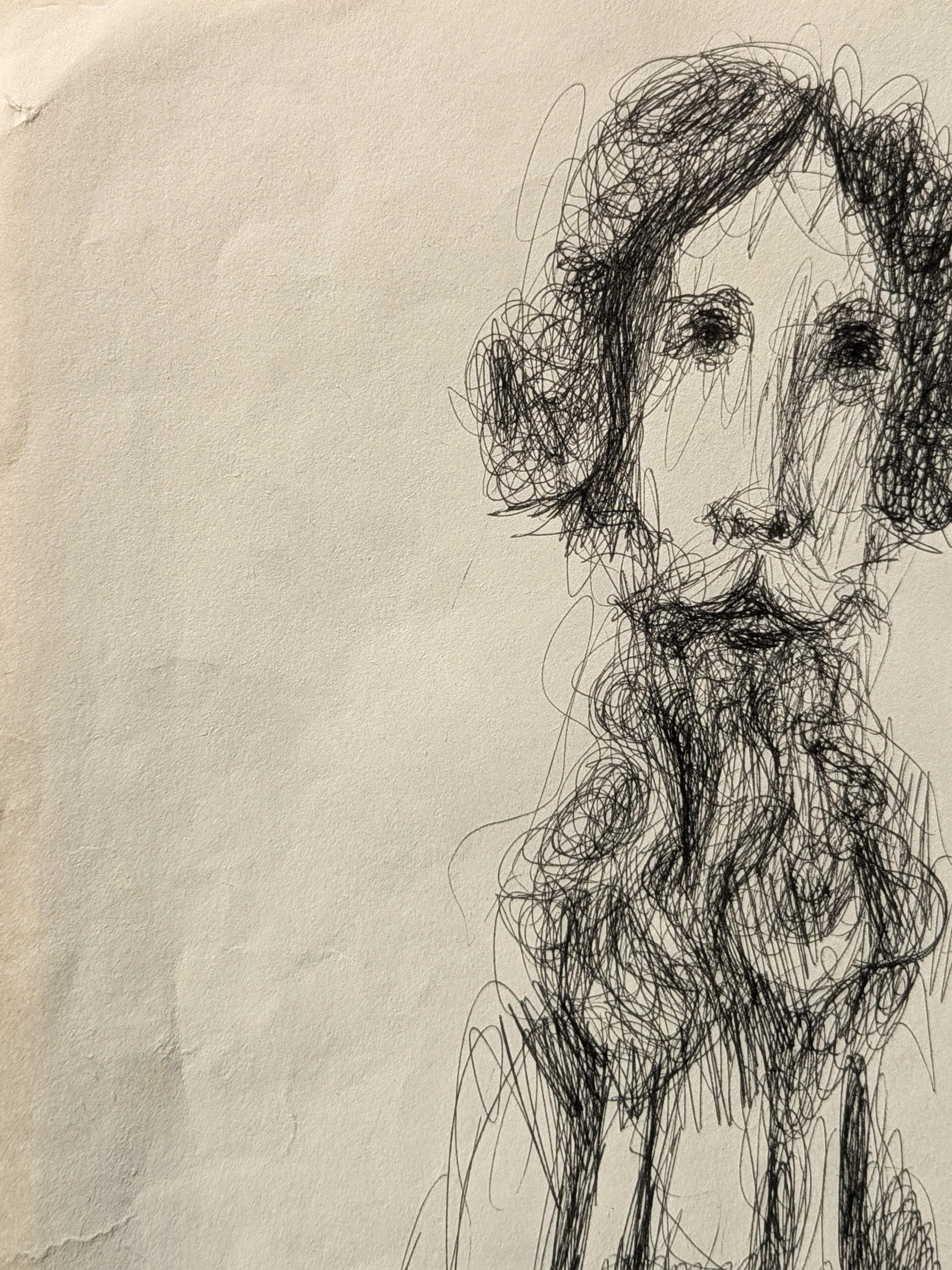 Early Modern Black and White Figurative Pen Drawing Study of a Bearded Gentleman - Beige Portrait by David Adickes