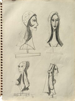 Vintage Double Sided Early Modern Black & White Figurative Pencil Drawing Study of Women