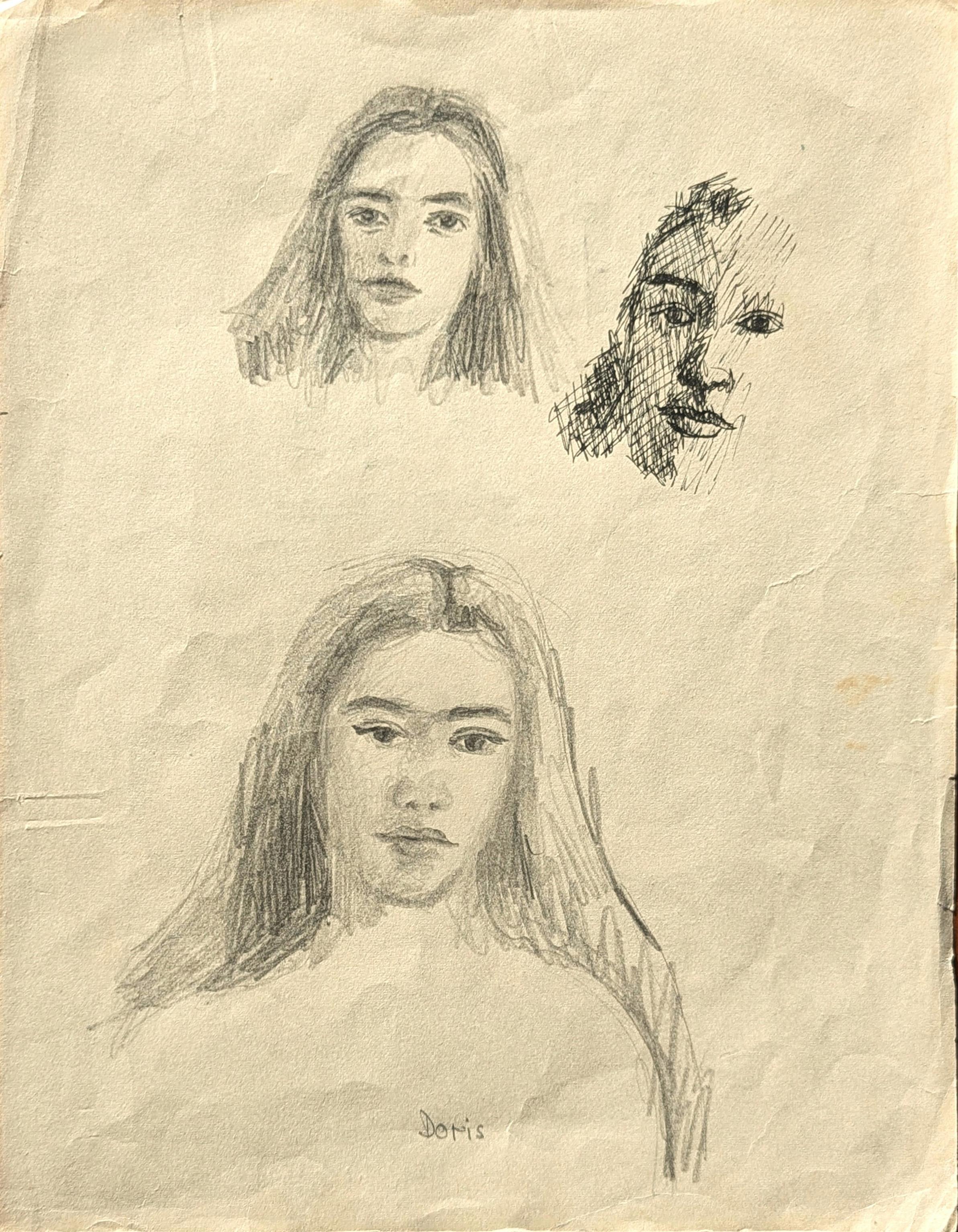 Double Sided Early Modern Black & White Figurative Pencil Drawing Study of Doris