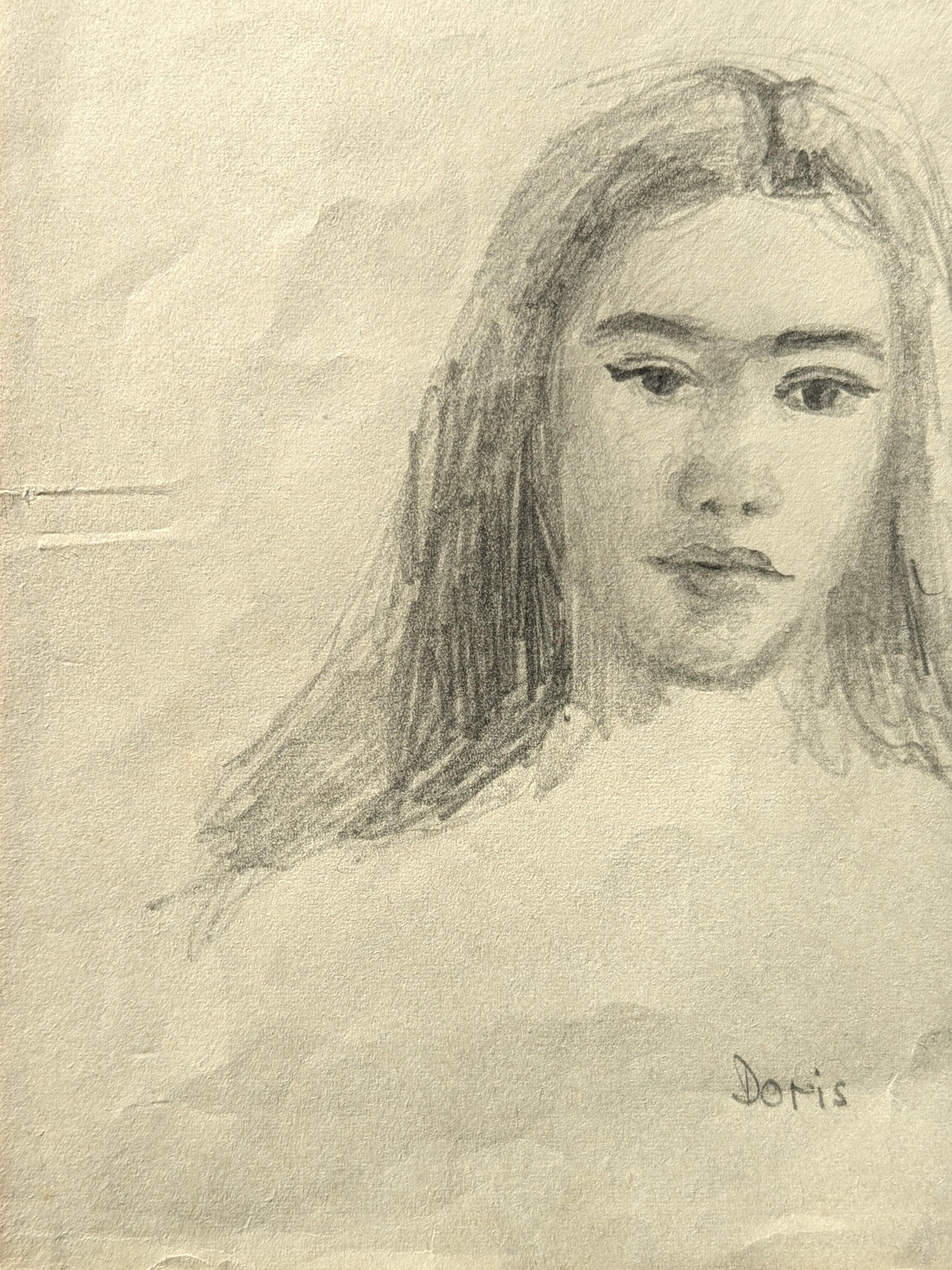 Double Sided Early Modern Black & White Figurative Pencil Drawing Study of Doris For Sale 2