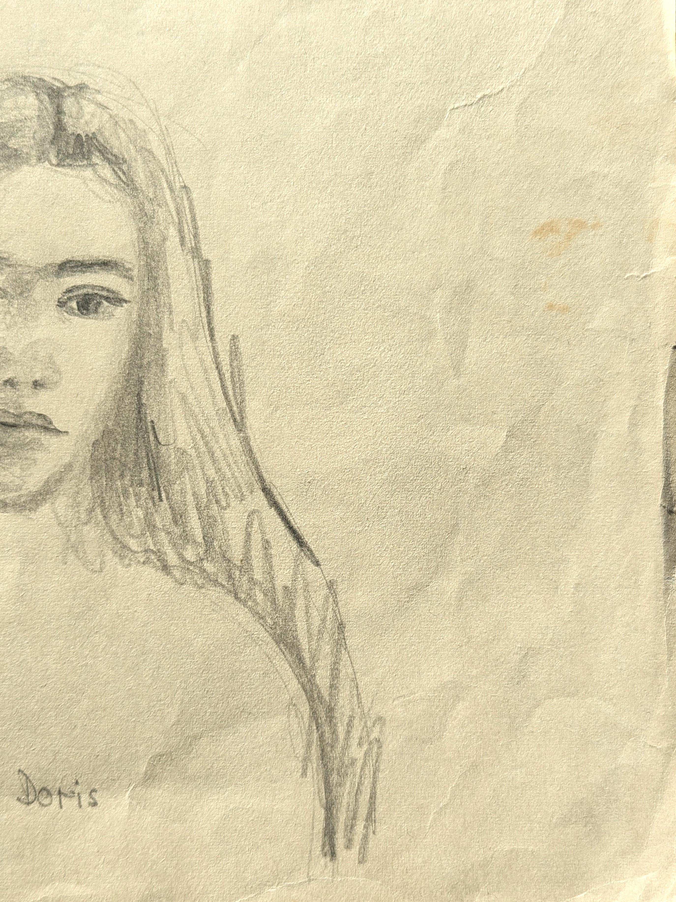 Double Sided Early Modern Black & White Figurative Pencil Drawing Study of Doris For Sale 1