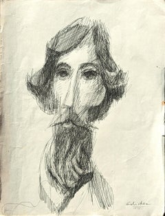 Vintage Early Modern Black & White Portrait Pen Drawing Study of a Bearded Figure