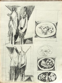 Early Modern Black & White Abstract Figurative Sketchbook Page Drawing
