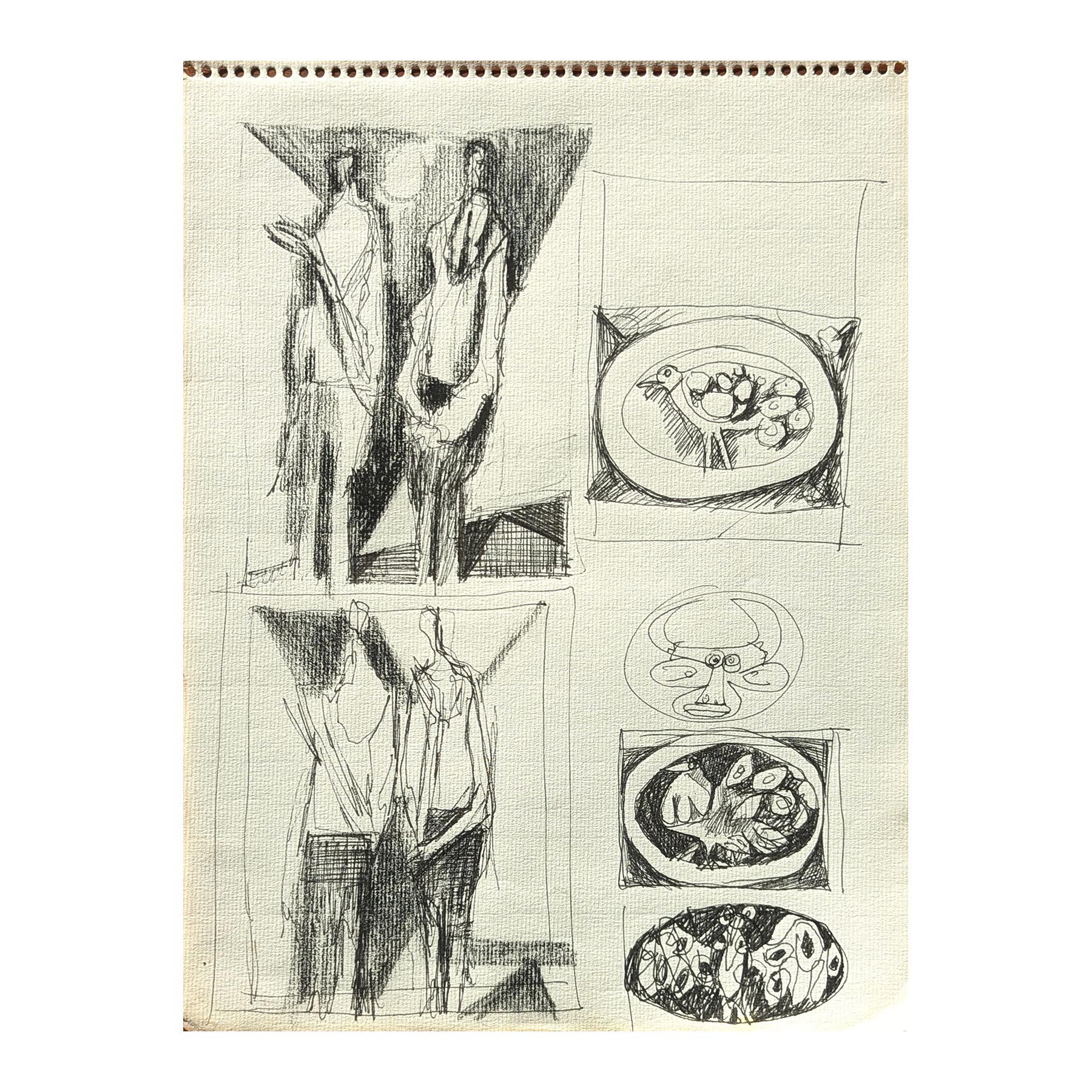 Early Modern Black & White Abstract Figurative Sketchbook Page Drawing - Art by David Adickes