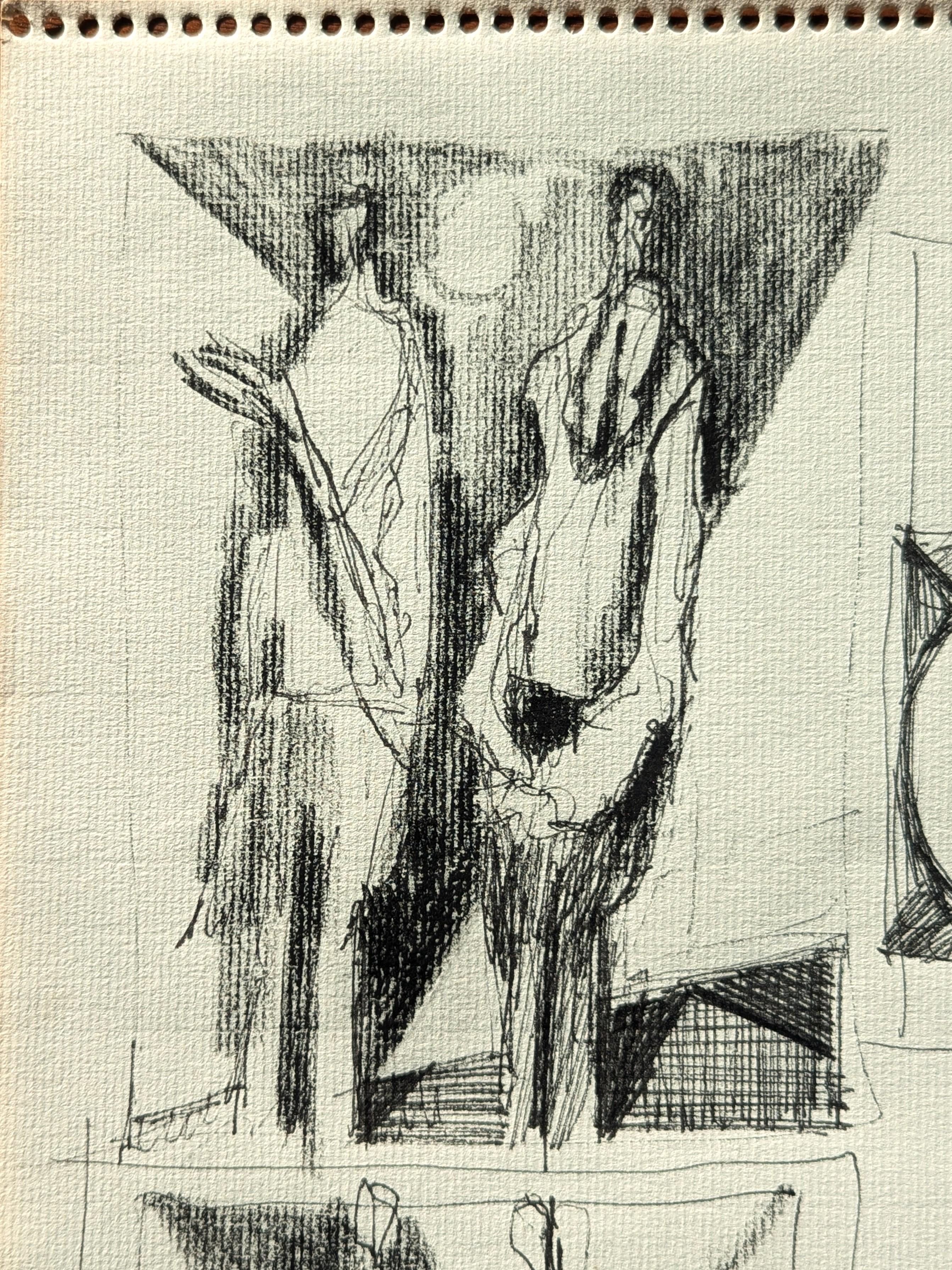 Early Modern Black & White Abstract Figurative Sketchbook Page Drawing - Beige Abstract Drawing by David Adickes