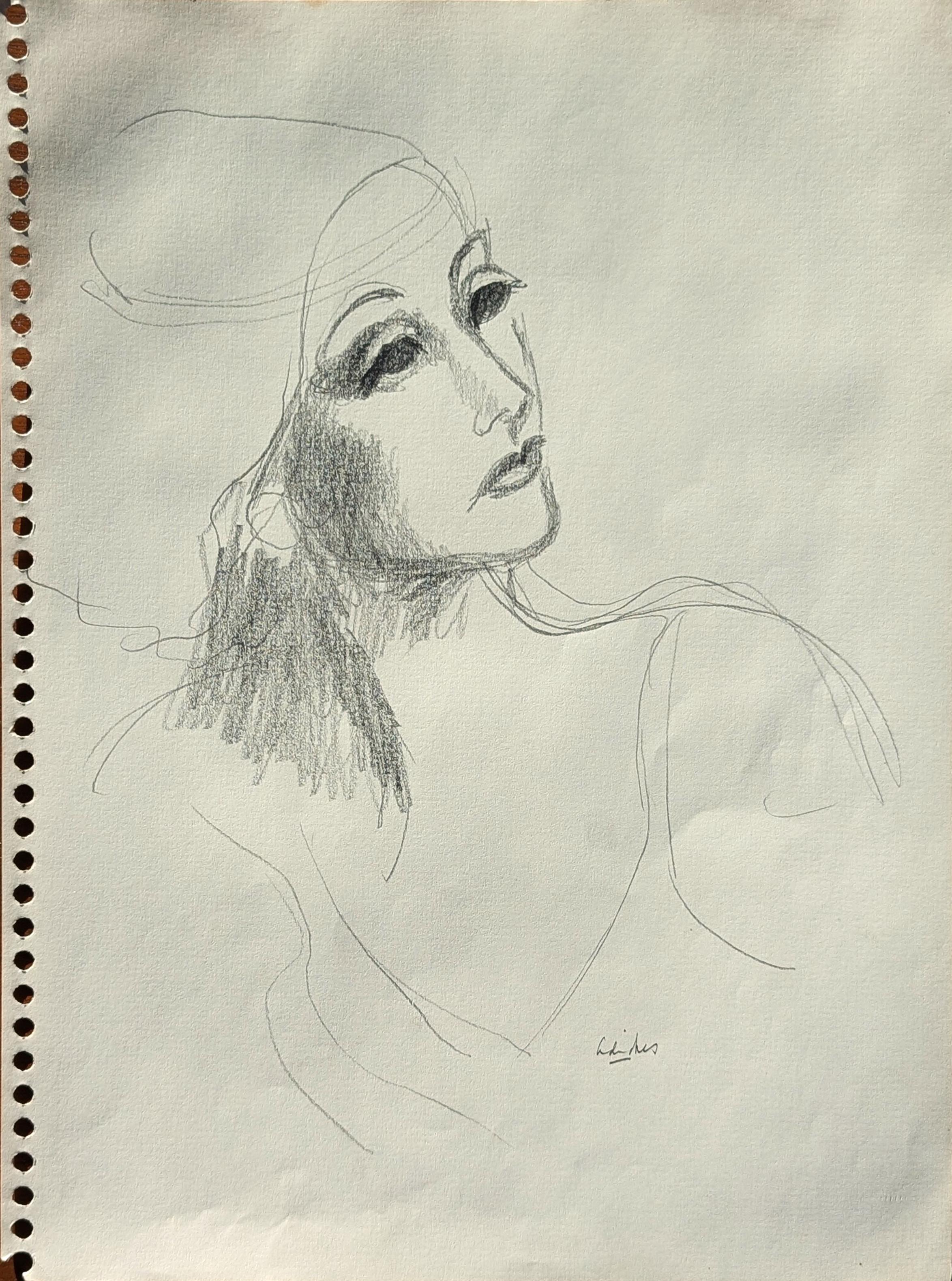 Dibujo de mujer elegante abstracto en blanco y negro de principios de la Edad Moderna