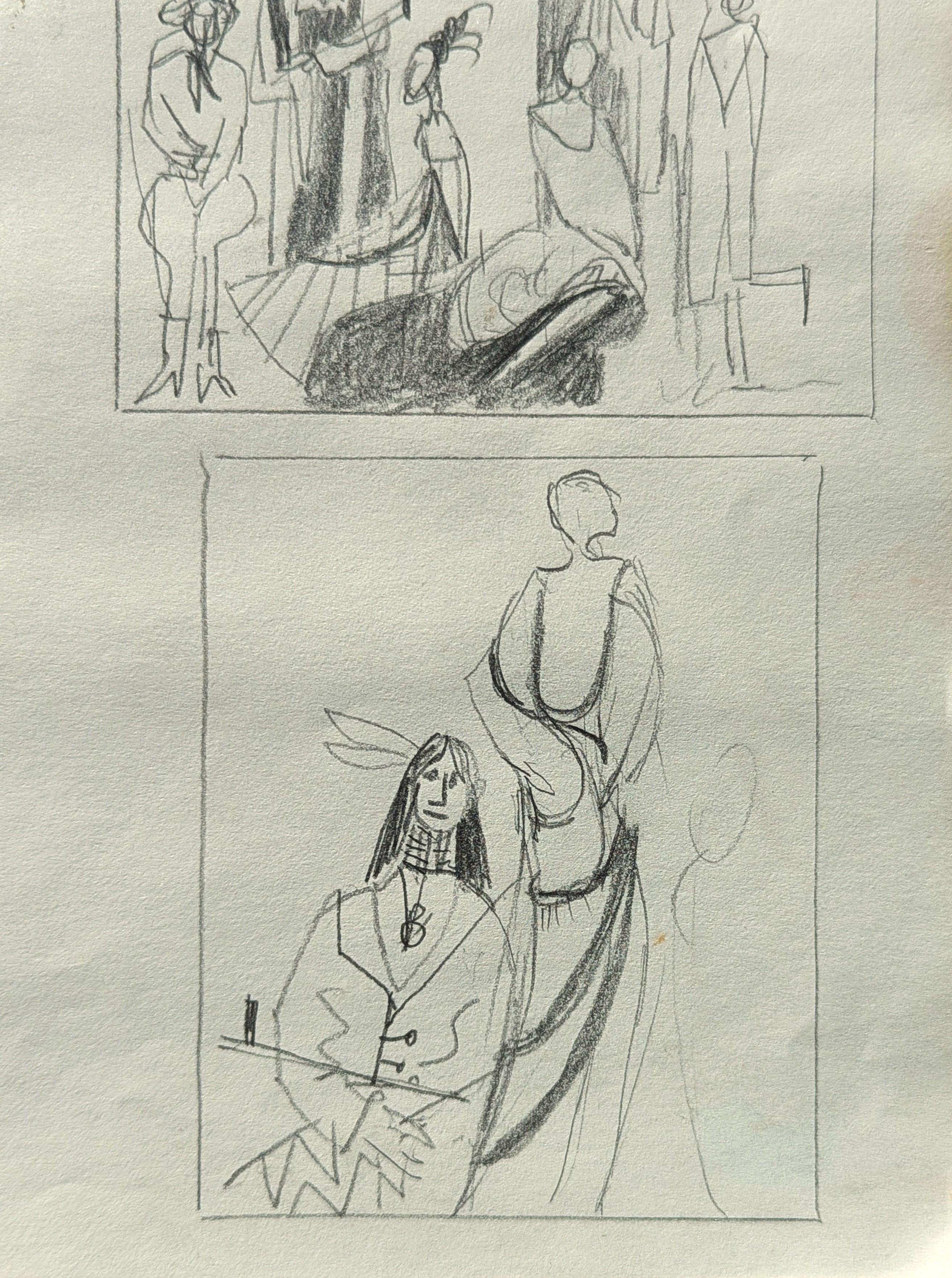 Early Modern Black & White Abstract Study Drawing of Native American Figures For Sale 1