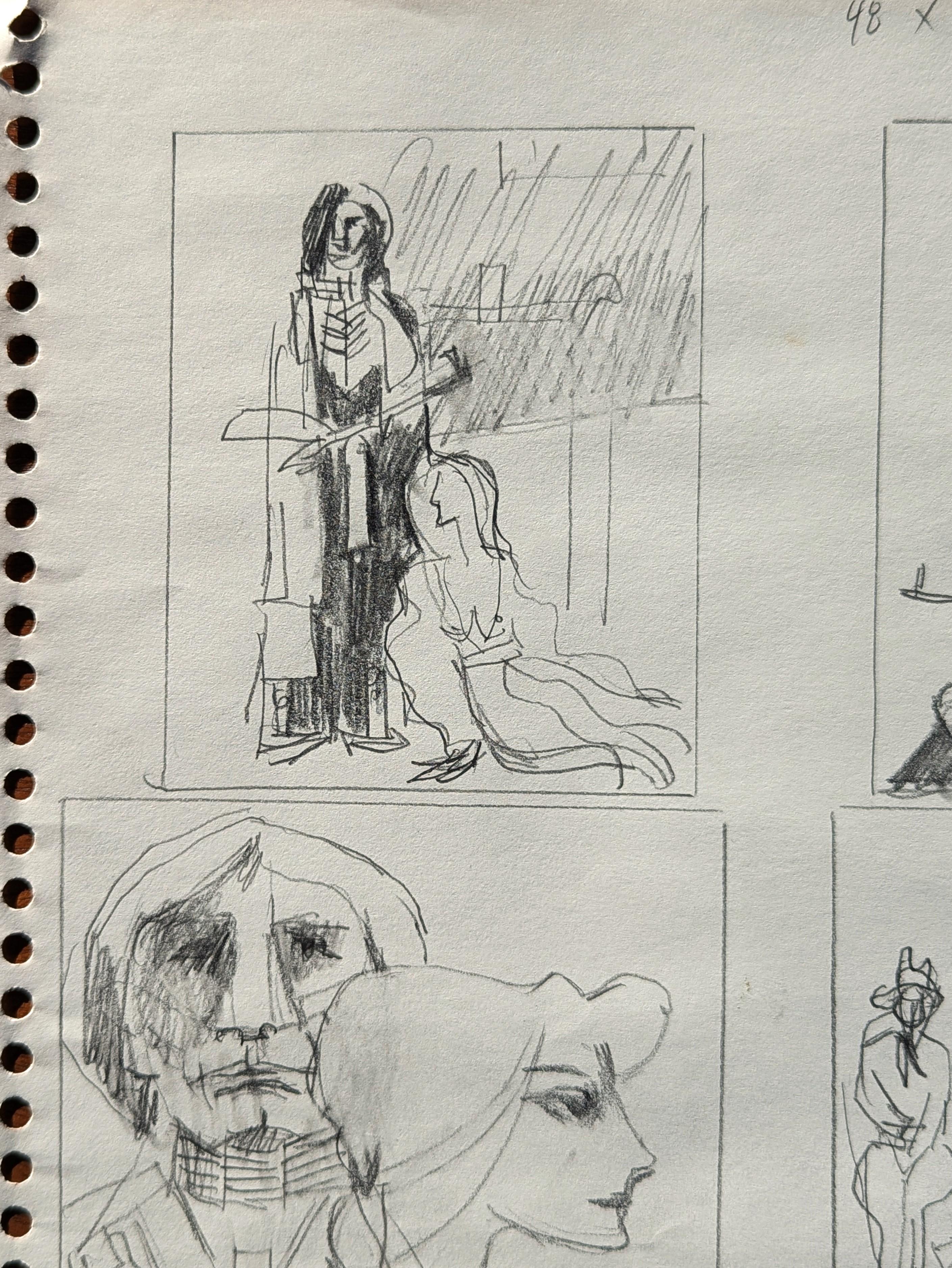 Early Modern Black & White Abstract Study Drawing of Native American Figures - Gray Figurative Art by David Adickes