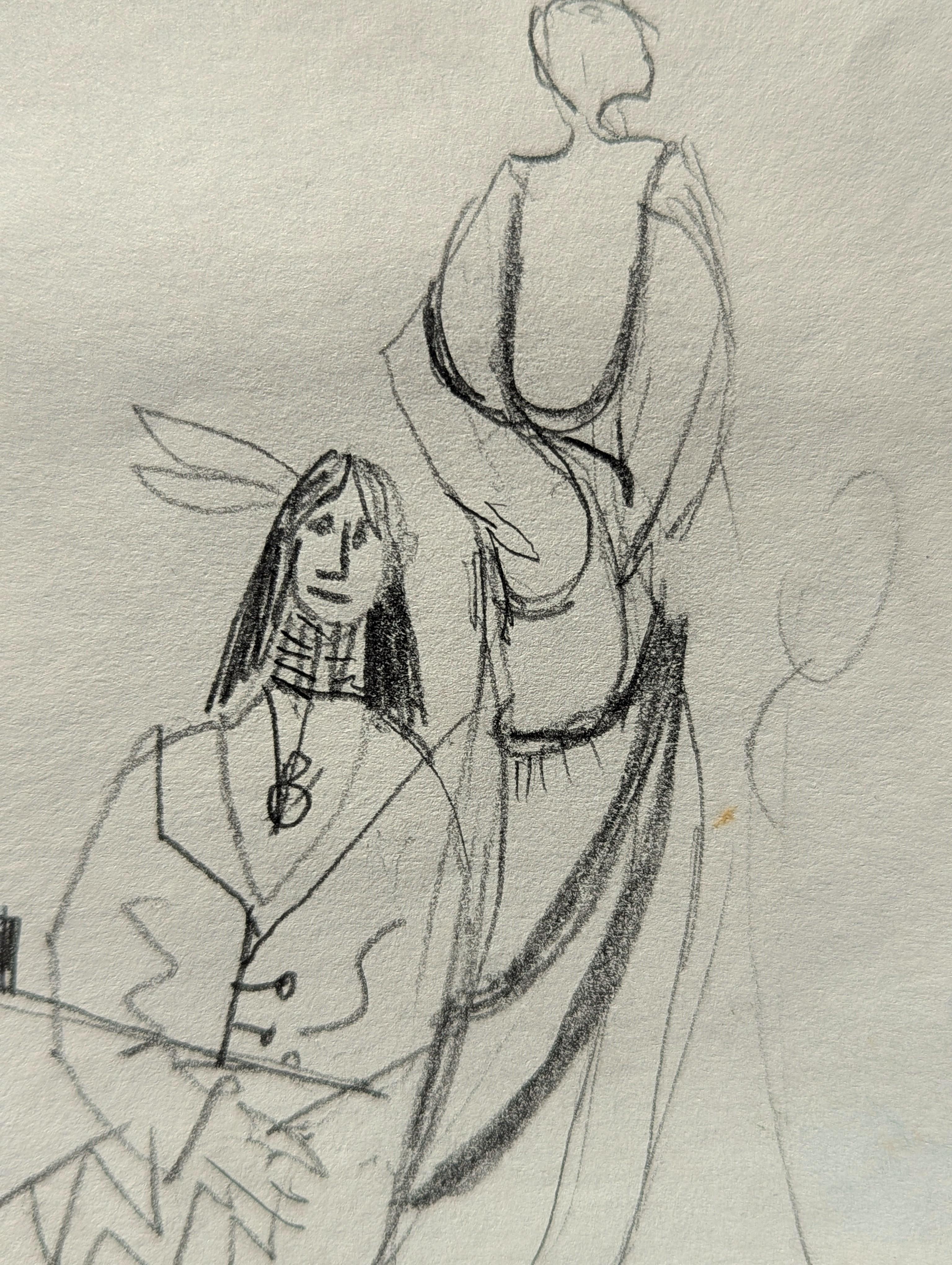Early Modern Black & White Abstract Study Drawing of Native American Figures For Sale 7
