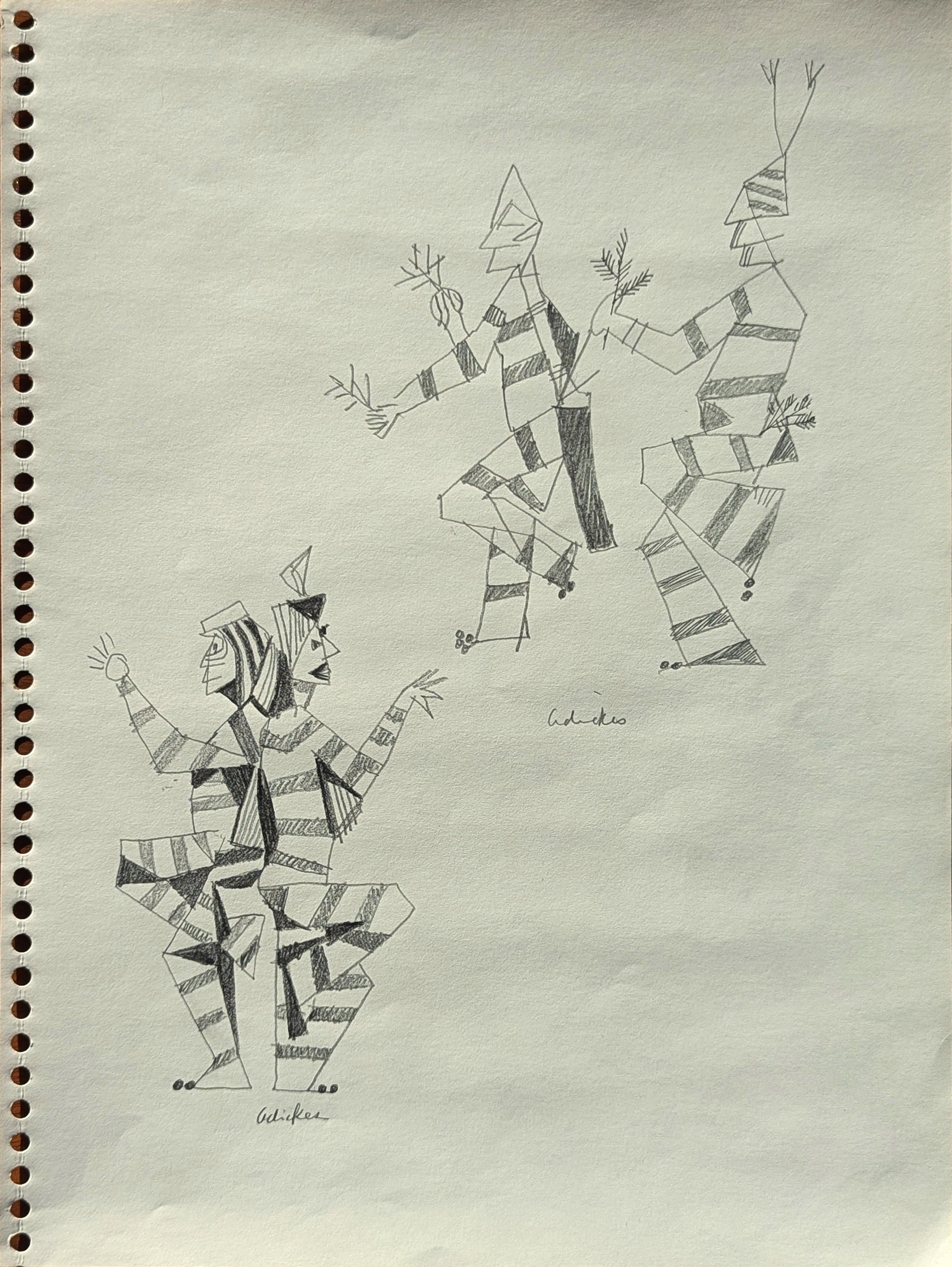 Figurative Art de David Adickes - Antiguo dibujo abstracto en blanco y negro de figuras danzantes inspirado en Santa Fe