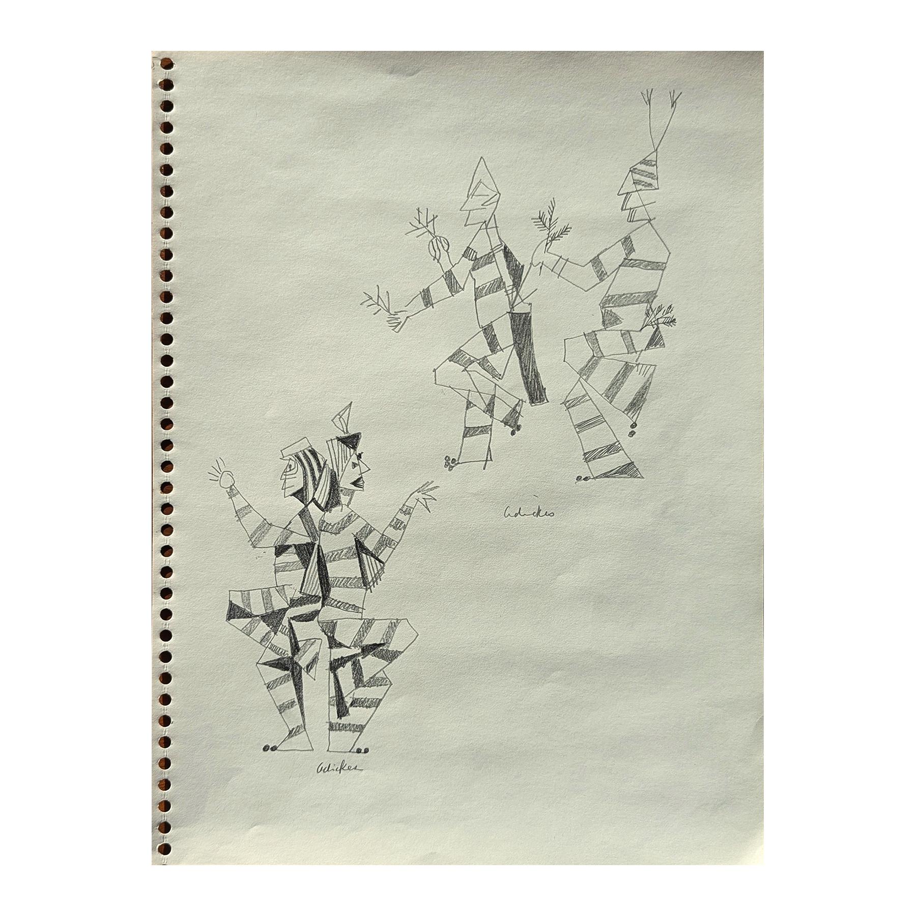 Antiguo dibujo abstracto en blanco y negro de figuras danzantes inspirado en Santa Fe - Art de David Adickes