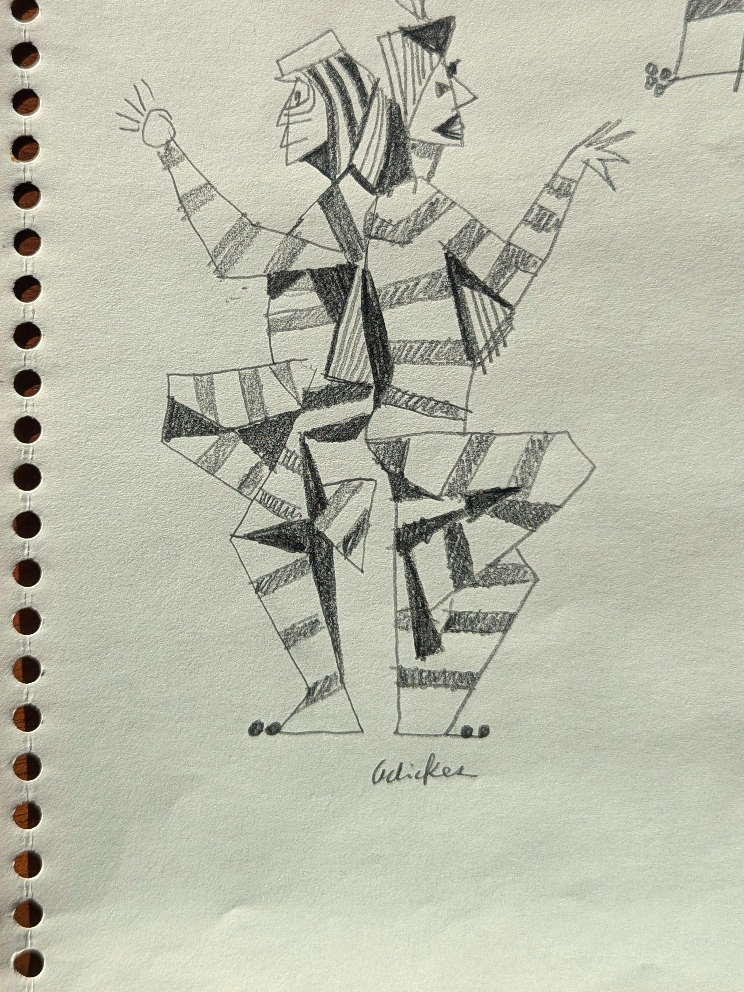 Antiguo dibujo abstracto en blanco y negro de figuras danzantes inspirado en Santa Fe en venta 1
