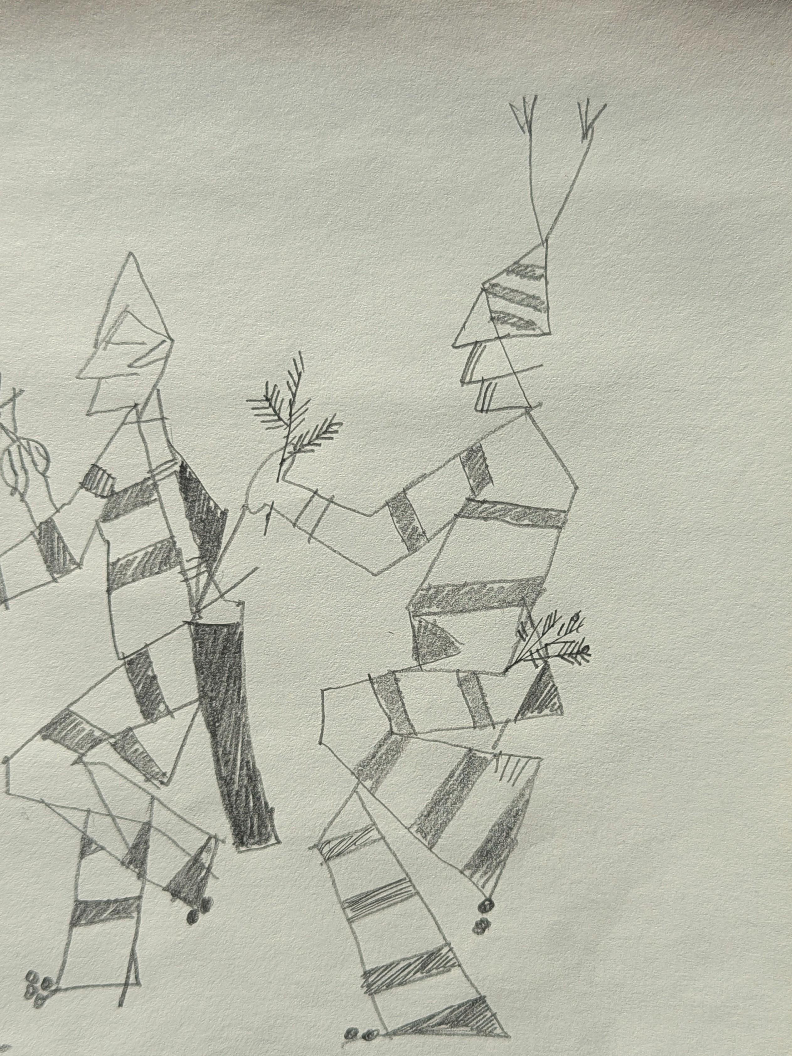 Antiguo dibujo abstracto en blanco y negro de figuras danzantes inspirado en Santa Fe - Figurative Art Gris de David Adickes