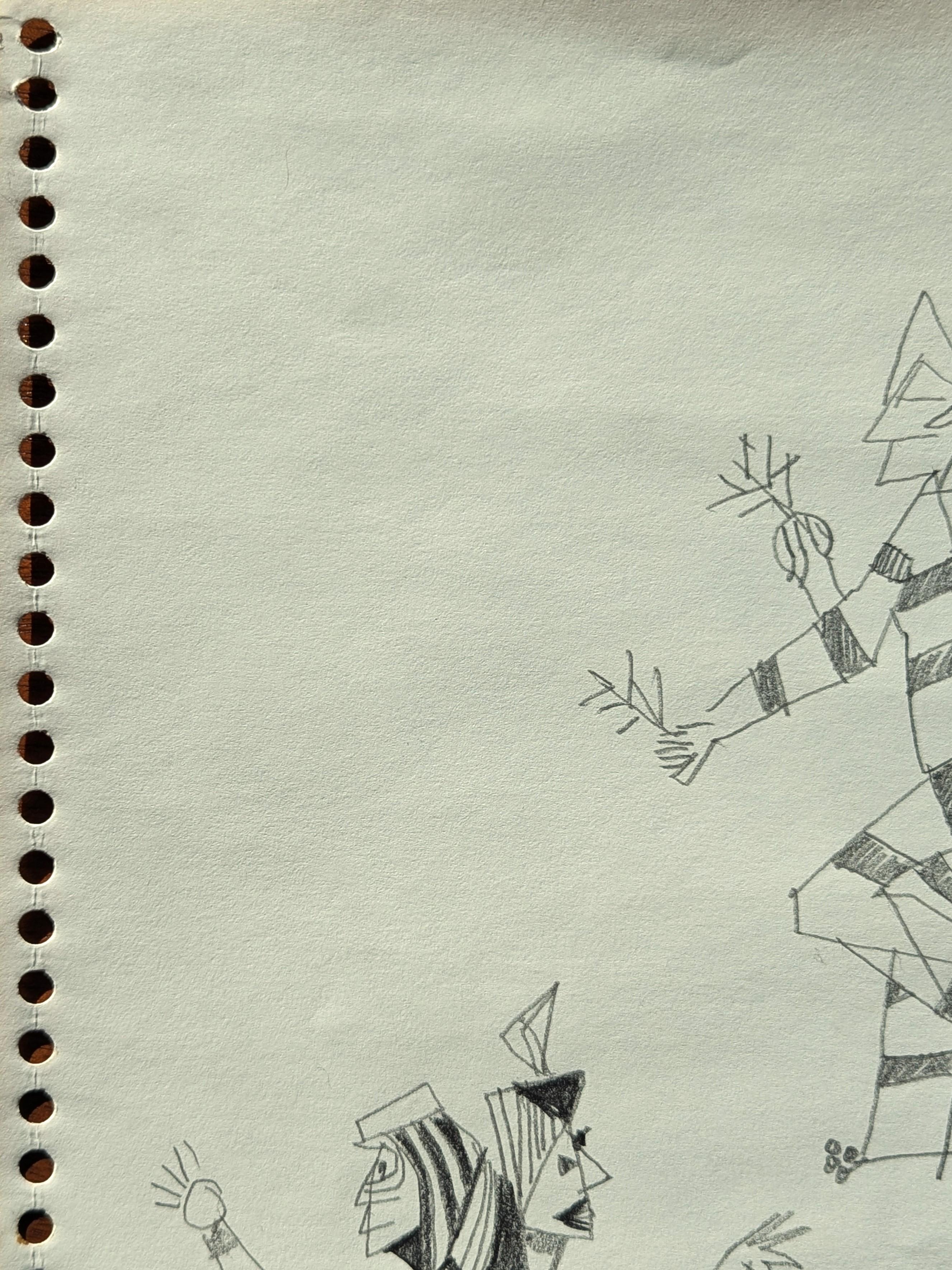 Antiguo dibujo abstracto en blanco y negro de figuras danzantes inspirado en Santa Fe - Art Moderno de David Adickes