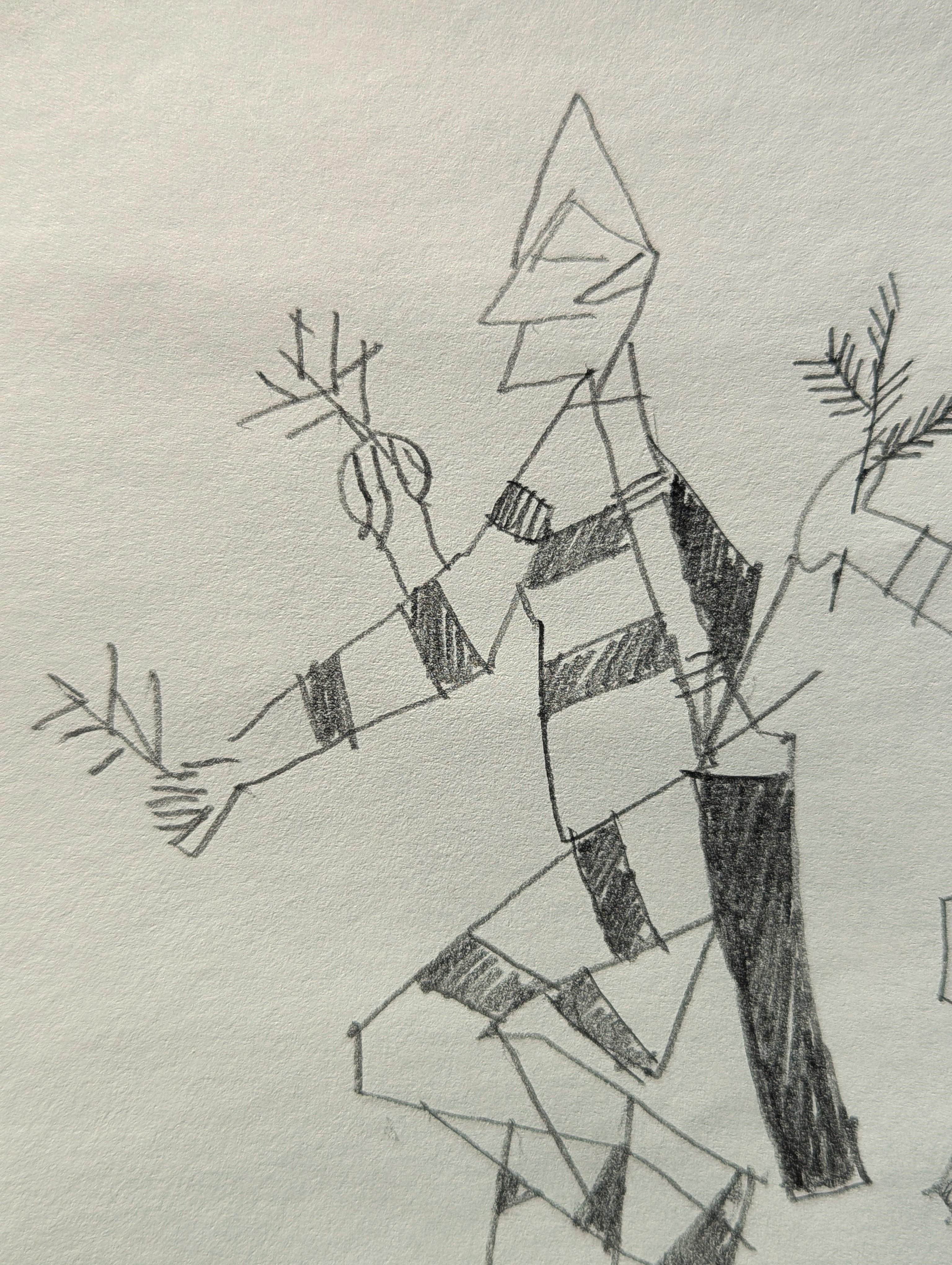 Antiguo dibujo abstracto en blanco y negro de figuras danzantes inspirado en Santa Fe en venta 2