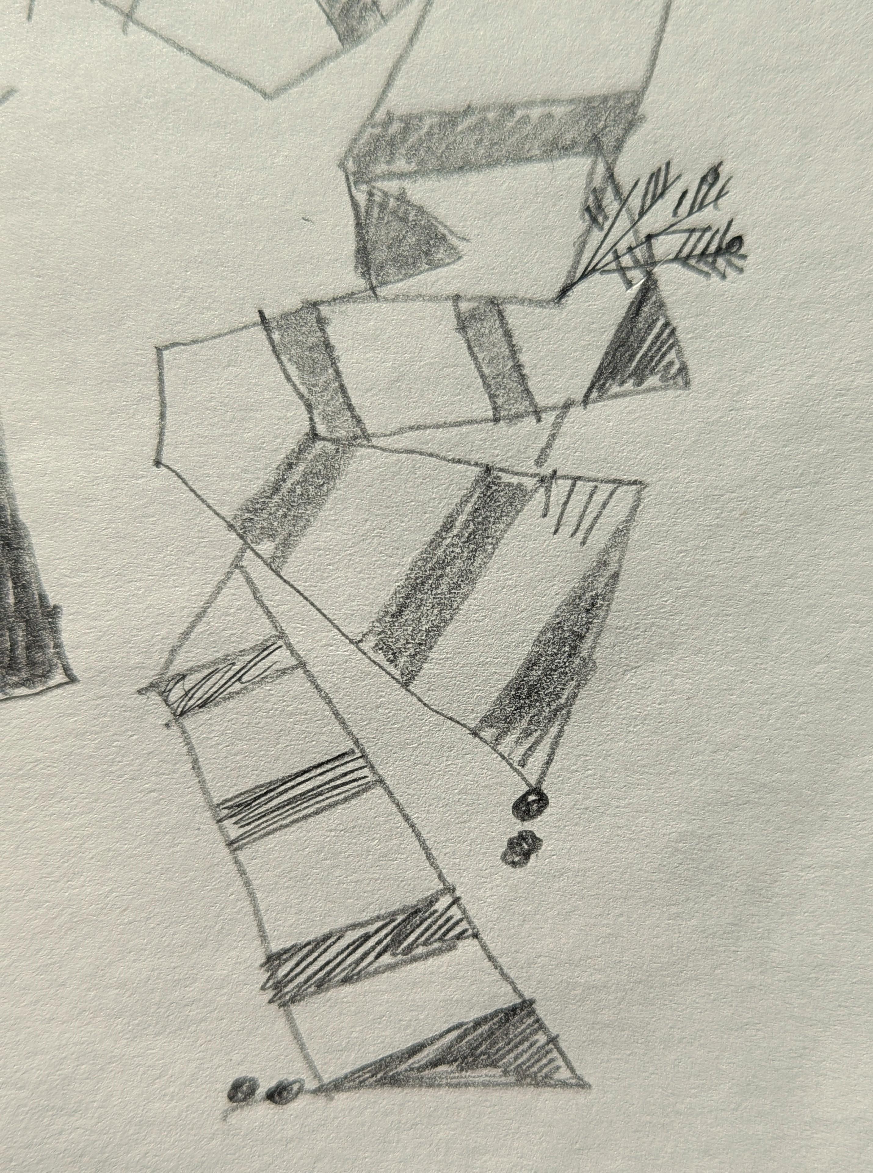 Antiguo dibujo abstracto en blanco y negro de figuras danzantes inspirado en Santa Fe en venta 3